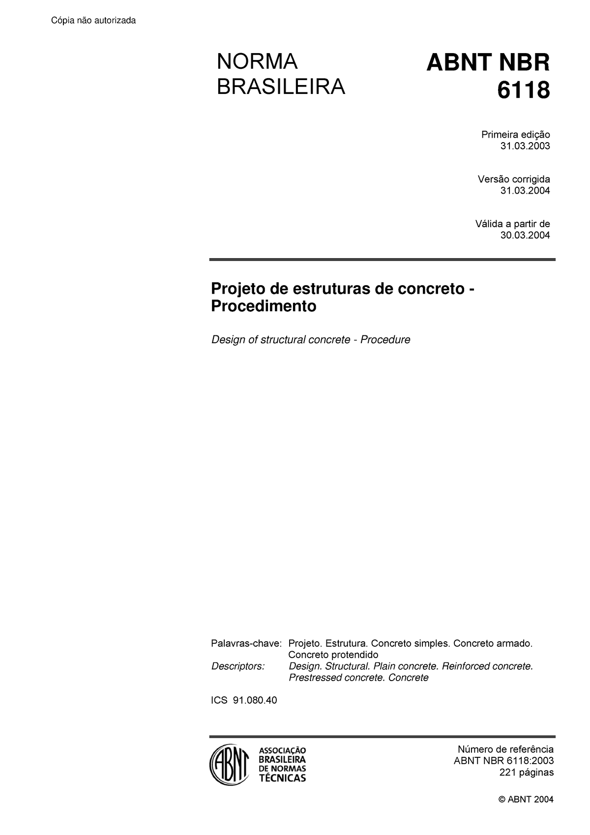 ABNT 6118 - Projeto DE Estruturas DE Concreto Procedimento - © ABNT ...