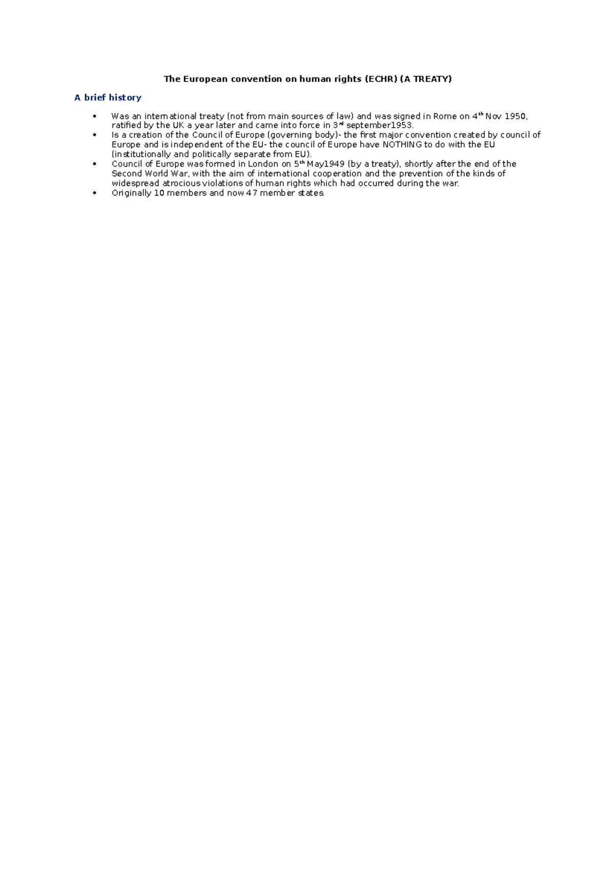 Public law - Notes - The European convention on human rights (ECHR) (A ...