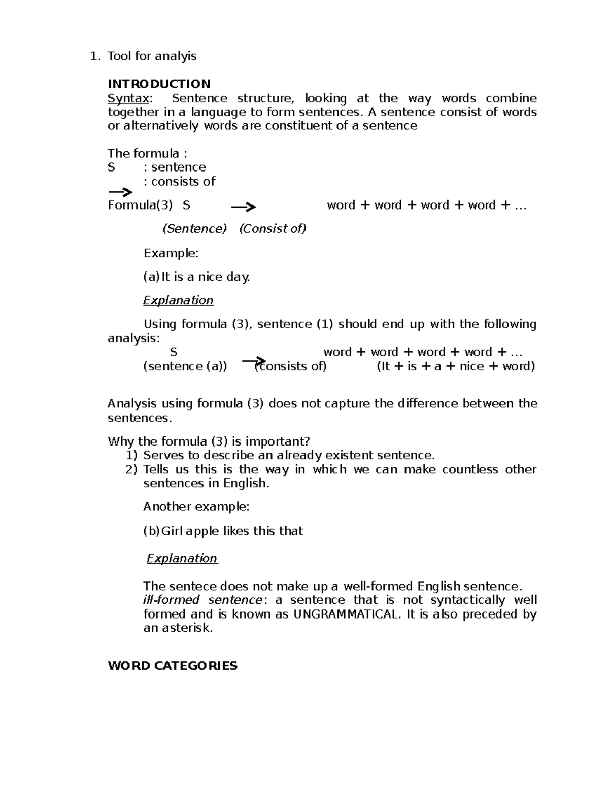 Syntax Summaries - Tool for analyis INTRODUCTION Syntax: Sentence ...