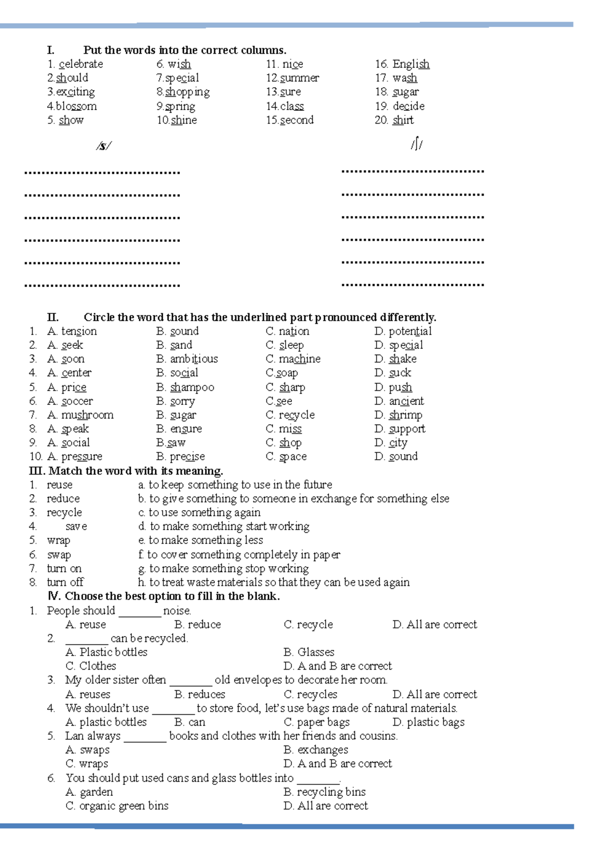 Bai tap Anh 6 on d?i tuy?n - I. Put the words into the correct columns ...