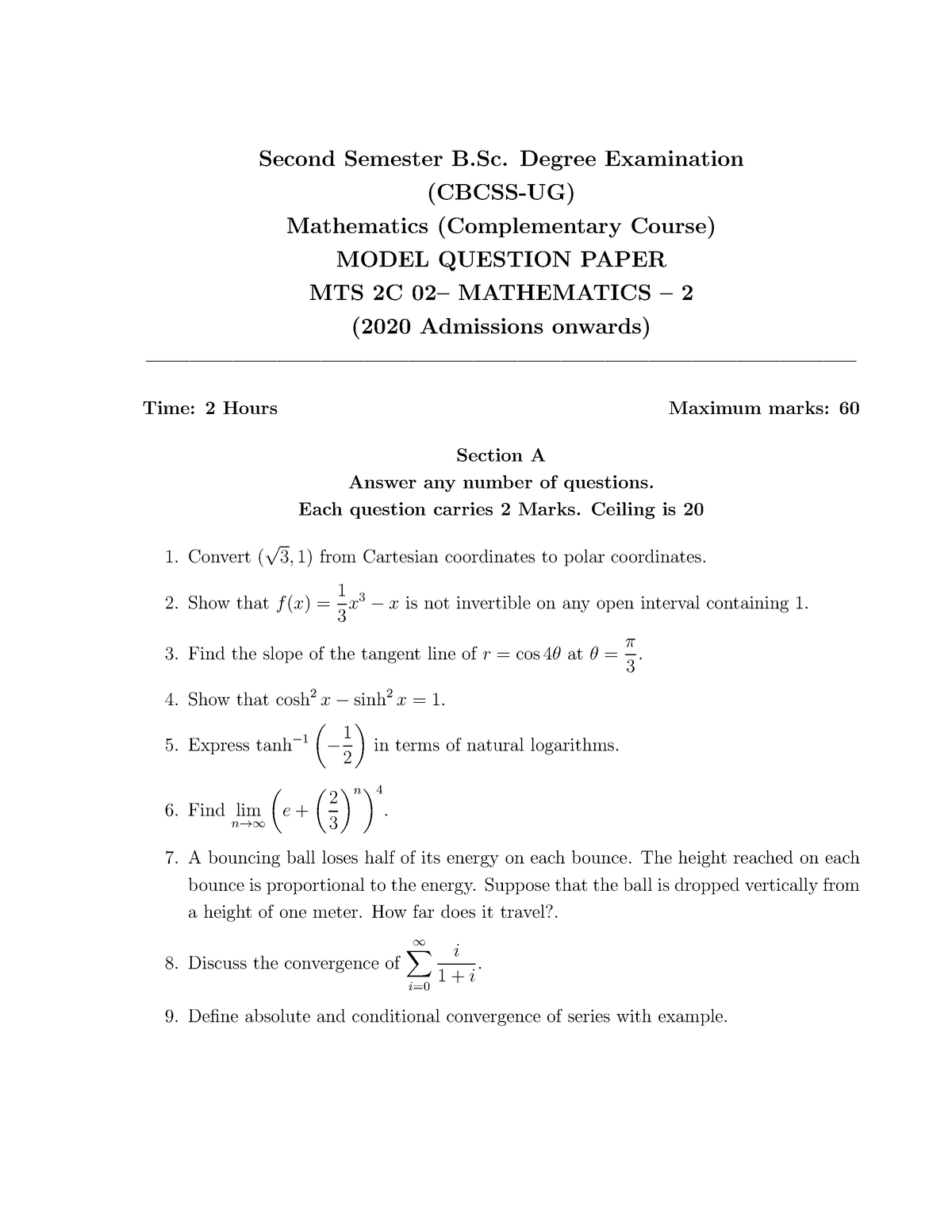 Model Qn Paper - Second Semester B. Degree Examination (CBCSS-UG ...