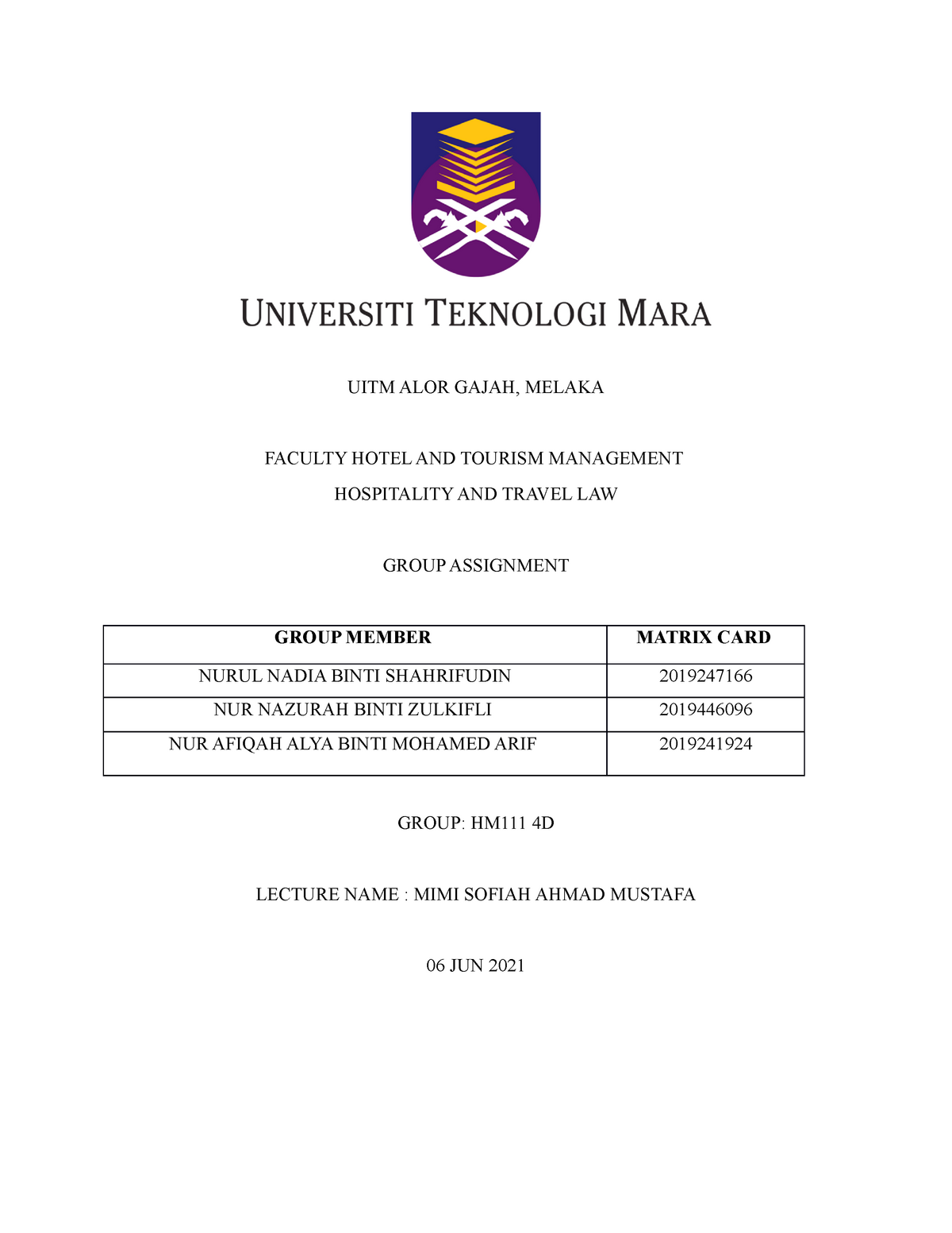 cover page uitm assignment