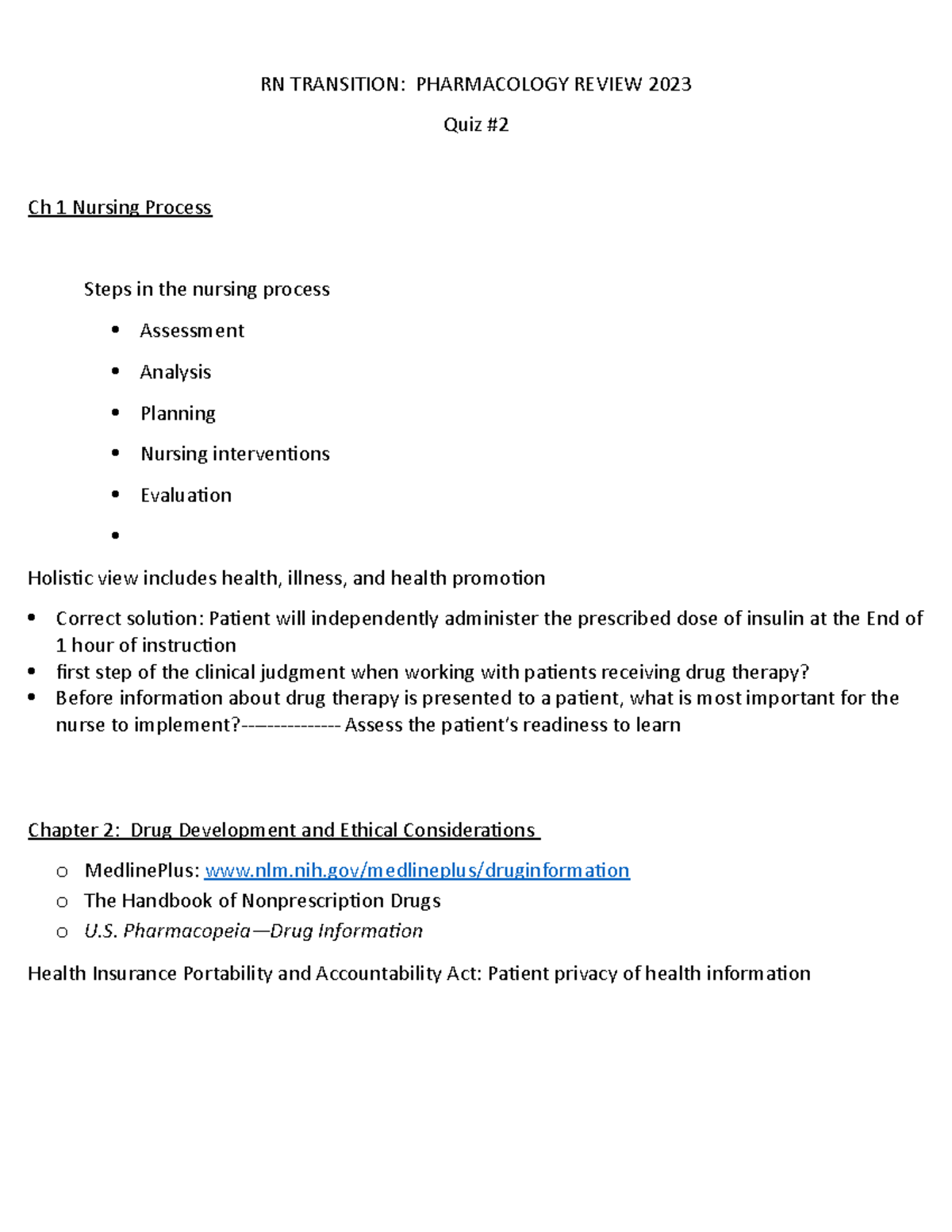 Pharmacology Review QUIZ 2 RN - RN TRANSITION: PHARMACOLOGY REVIEW 2023 ...