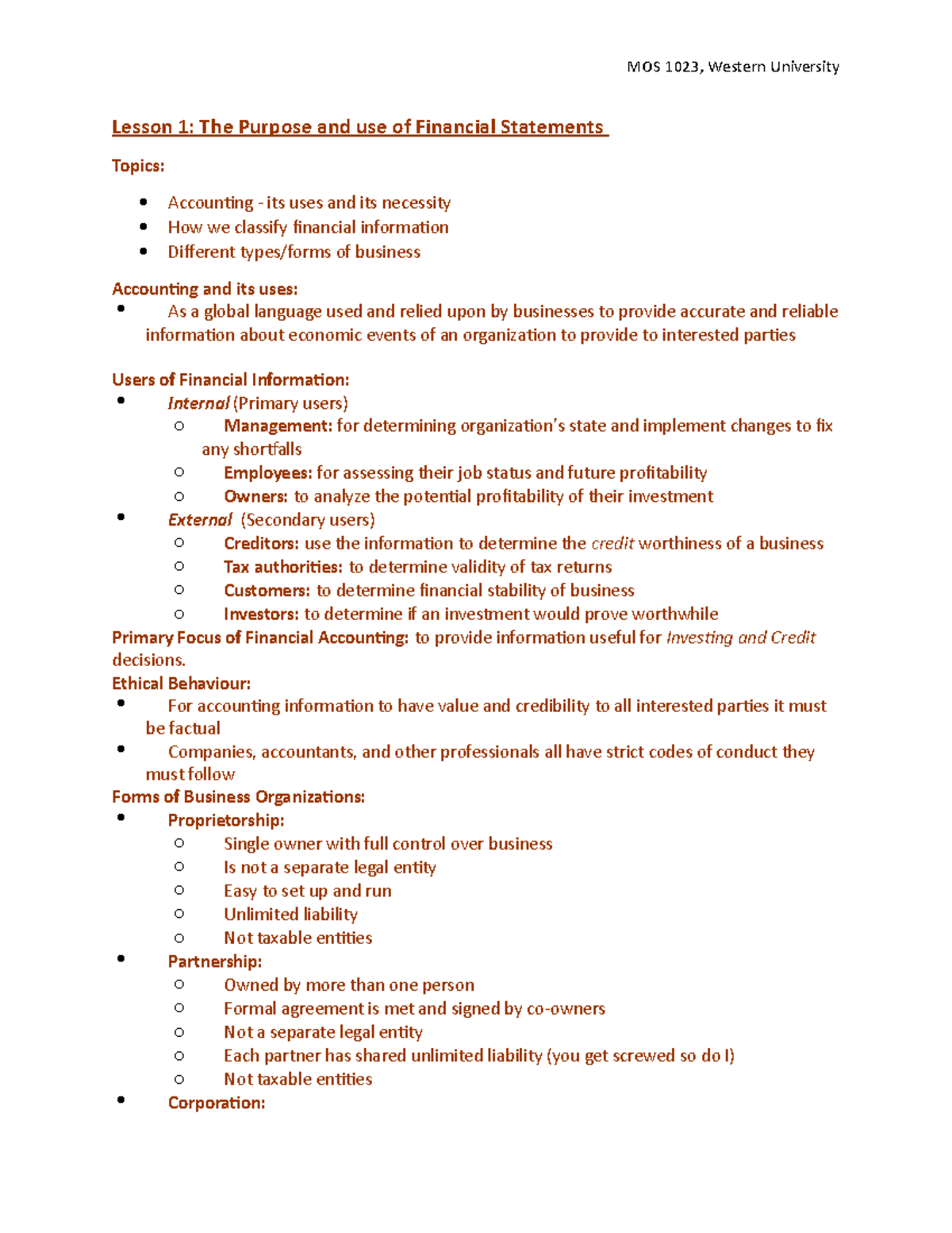 Lesson 1 (Mos 1023) - Lecture notes 1 - MOS 1023, Western University ...