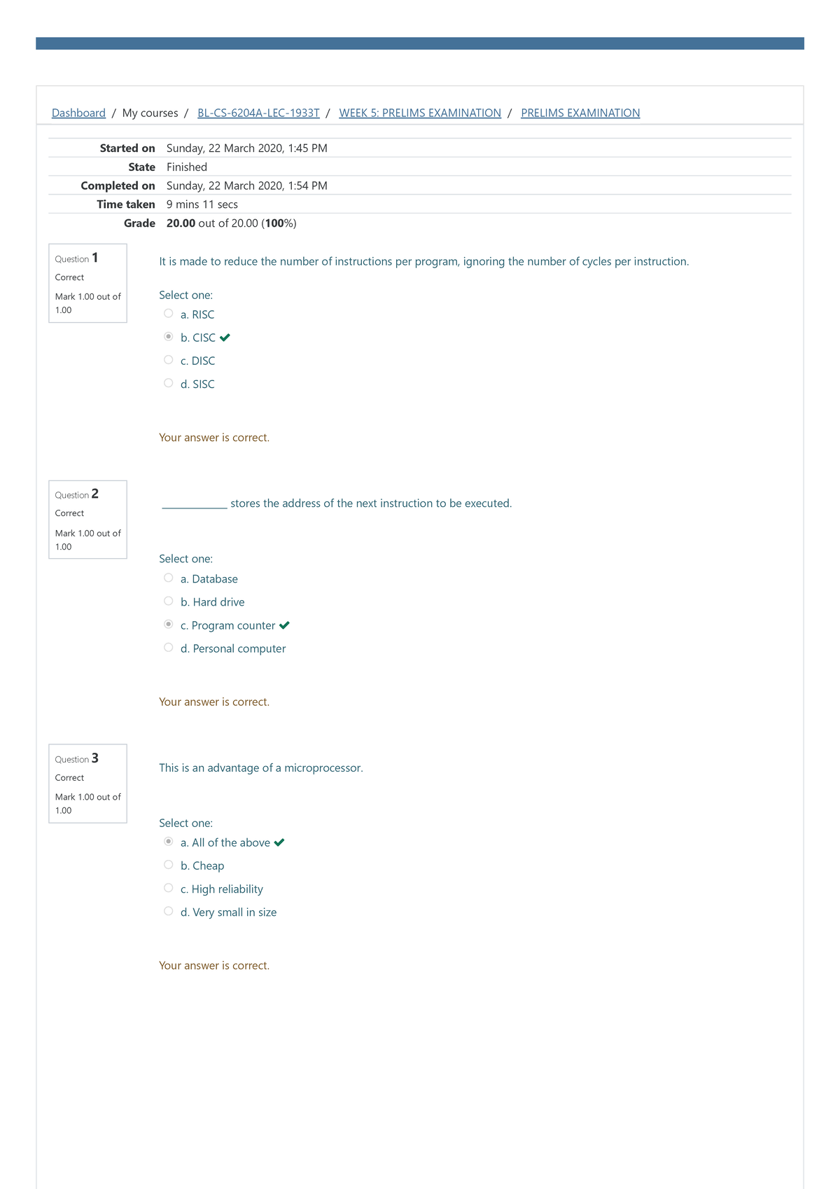 Prelims Examination Attempt review - Computer Architecture and ...