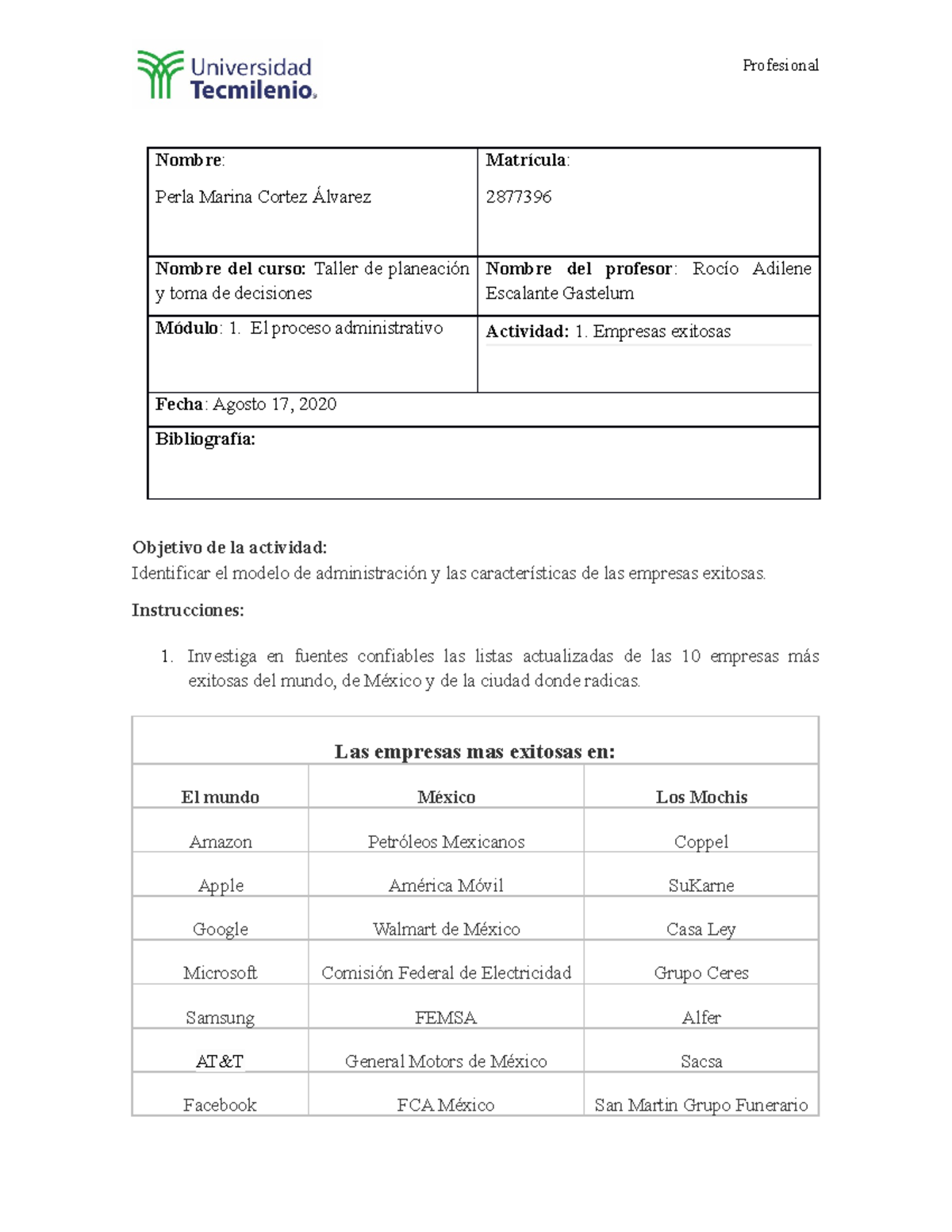 Actividad 1 taller de planeacion - Profesional Nombre: Perla Marina ...
