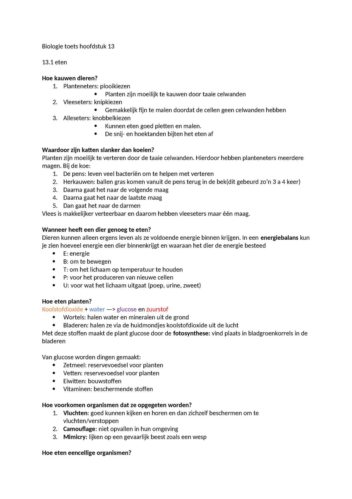 Biologie H13 Samenvatting - Biologie Toets Hoofdstuk 13 13 Eten Hoe ...