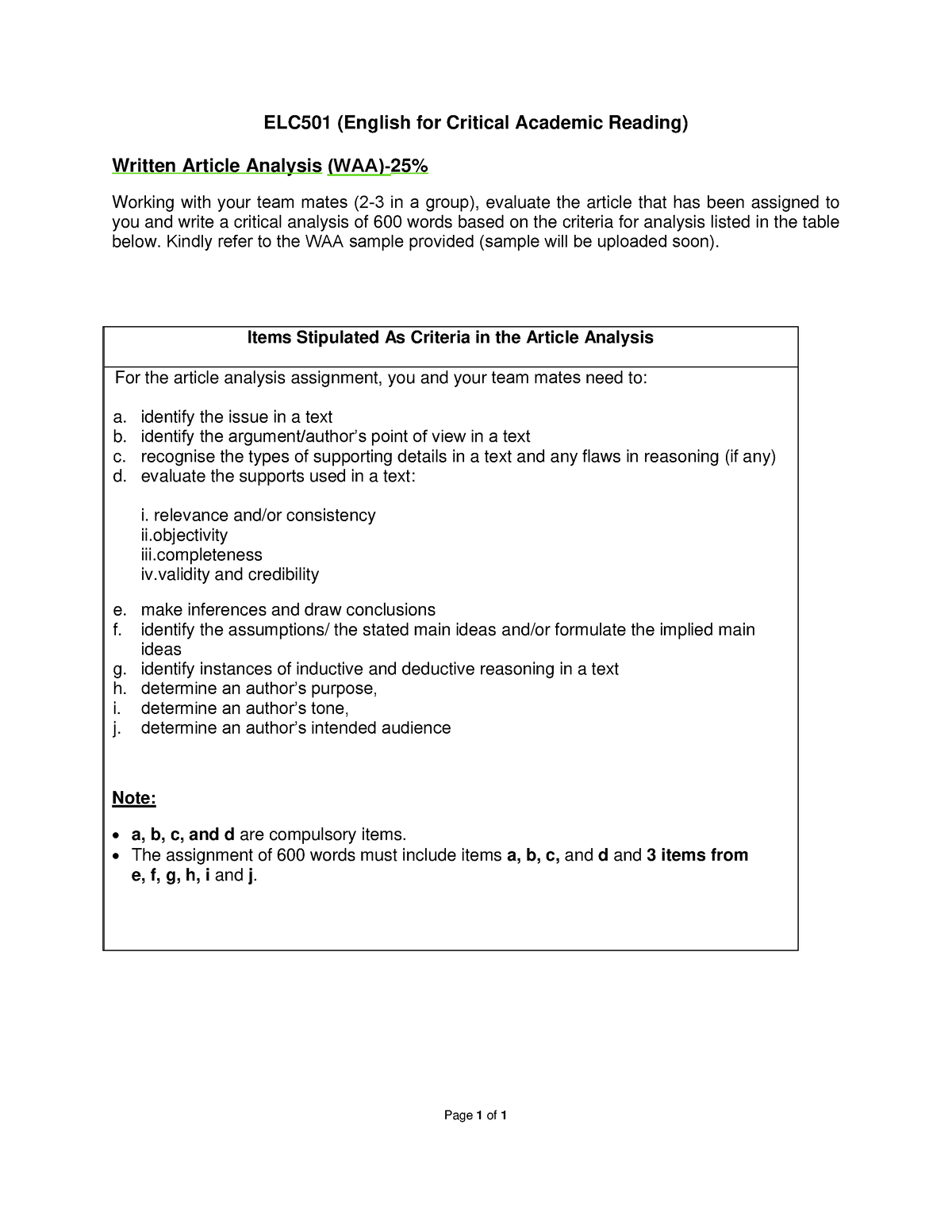 13.0 ELC501 Written Article Analysis (WAA) Instructions- Epjj - Page 1 ...