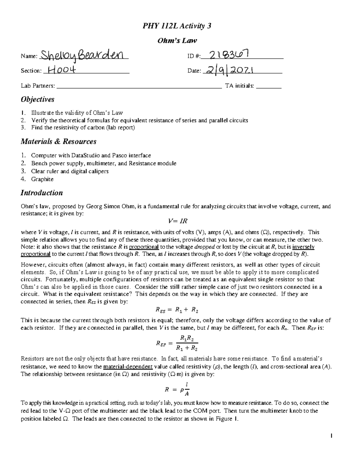 Phy 112 lab 03 ohms law practice mats 1 PHY 112 L Activity 3 Ohm