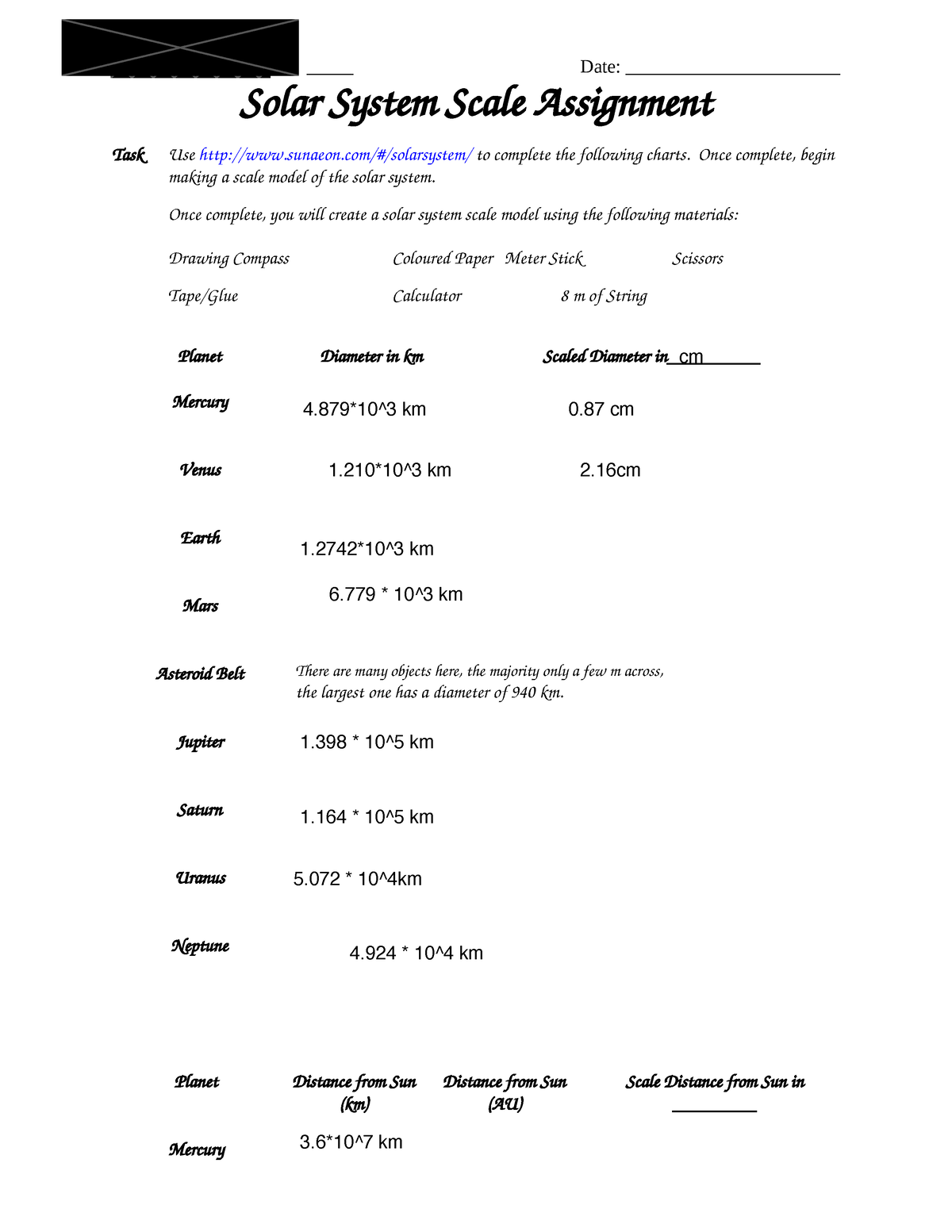 solar system scale assignment