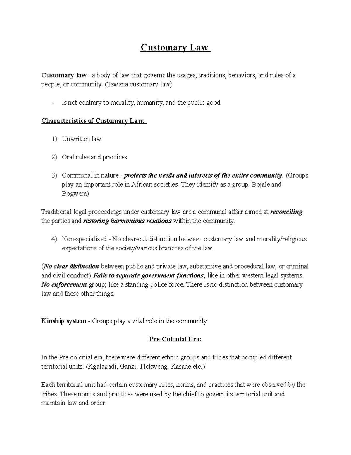 Customary Law notes Customary Law Customary law a body of law that governs the usages, Studocu
