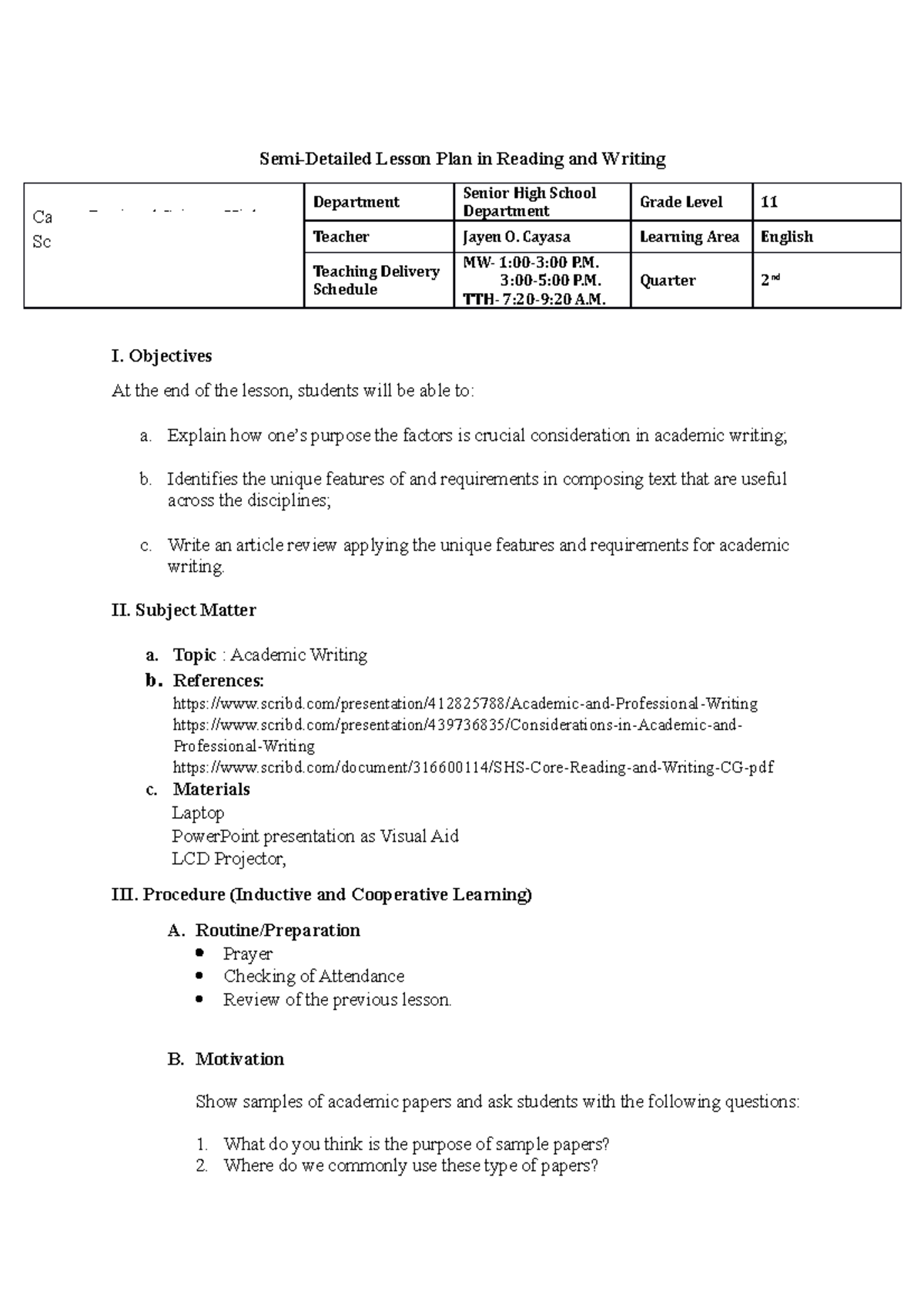 Semi lesson plan - Semi-Detailed Lesson Plan in Reading and Writing ...