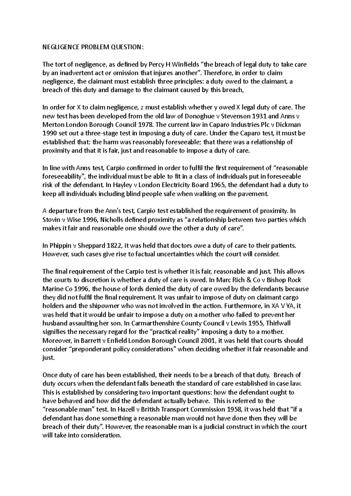 Negligence Problem Question - NEGLIGENCE PROBLEM QUESTION: The tort of ...