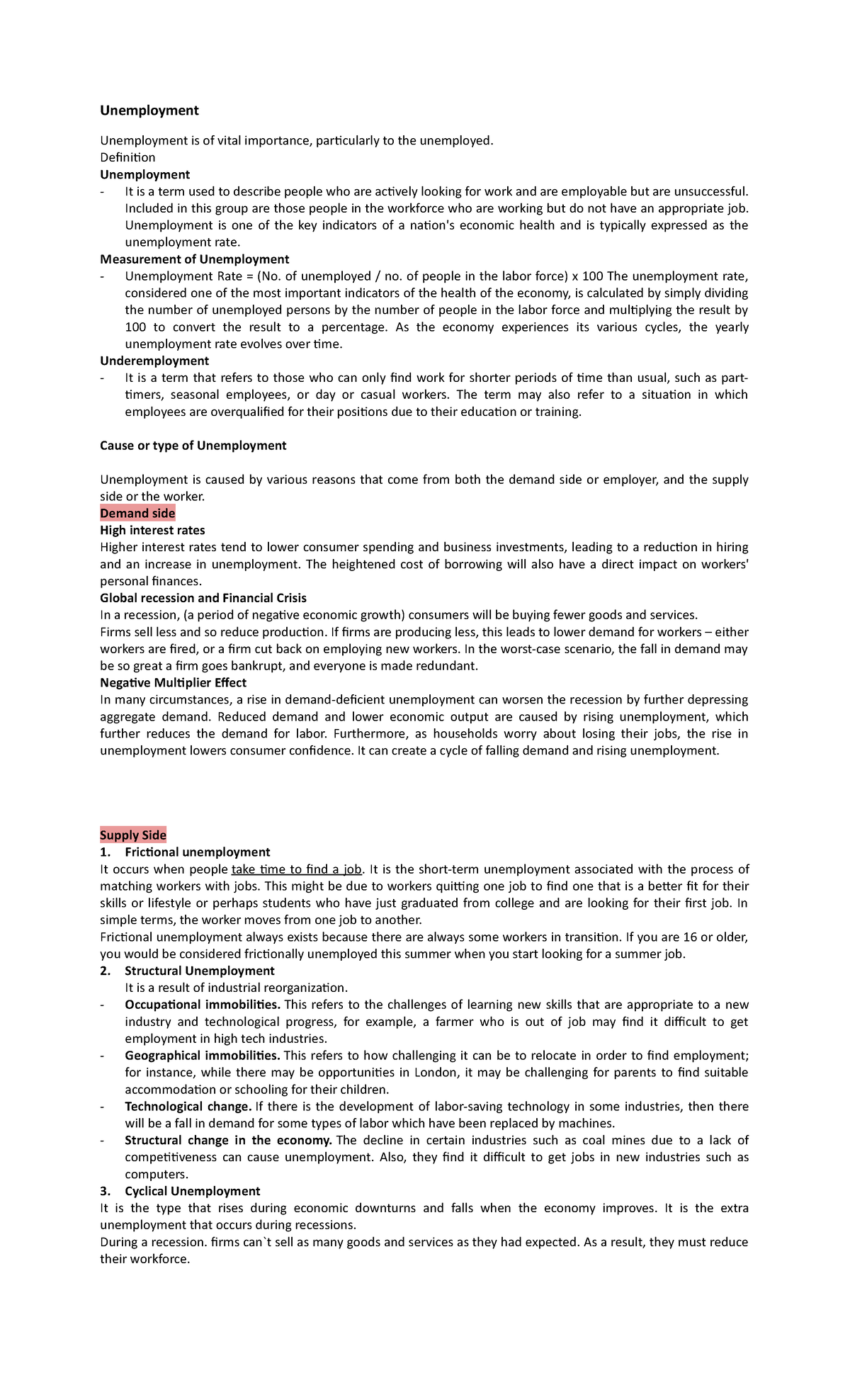 Economic Development -Notes - Unemployment Unemployment is of vital ...