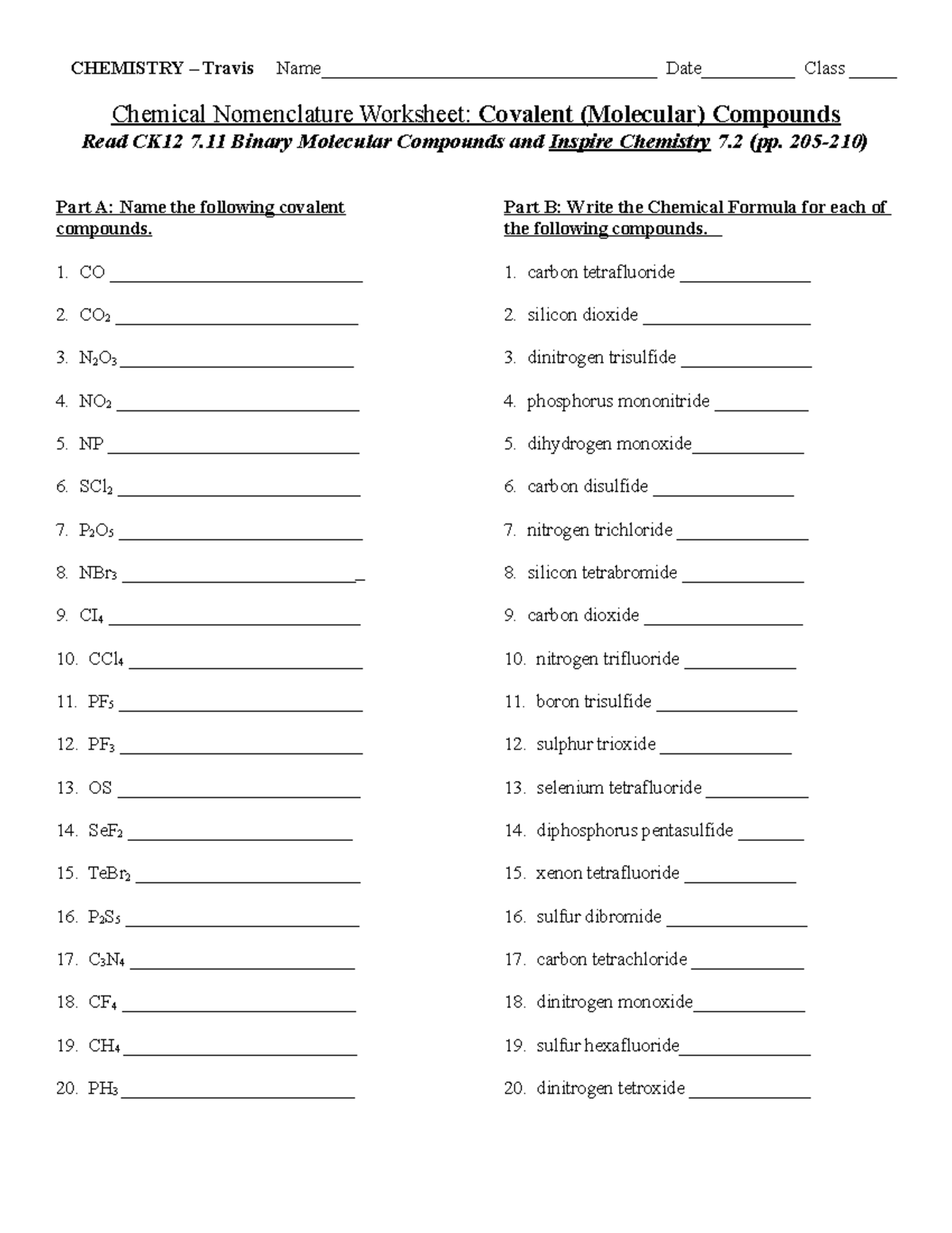 Nomenclature Covalent Practice - CHEMISTRY – Travis Name