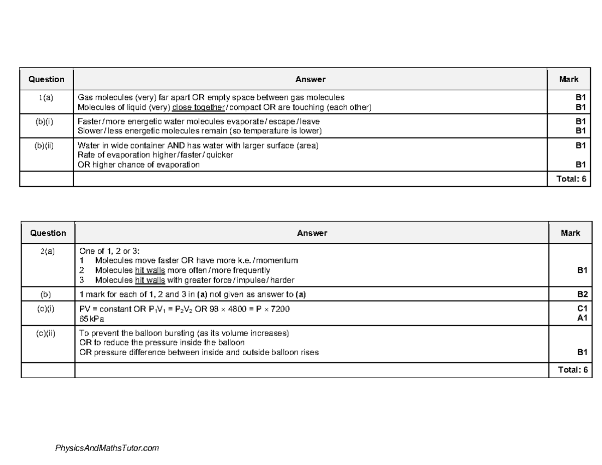 Simple Kinetic Molecular Model of Matter 1 MS - Question Answer Mark 1 ...