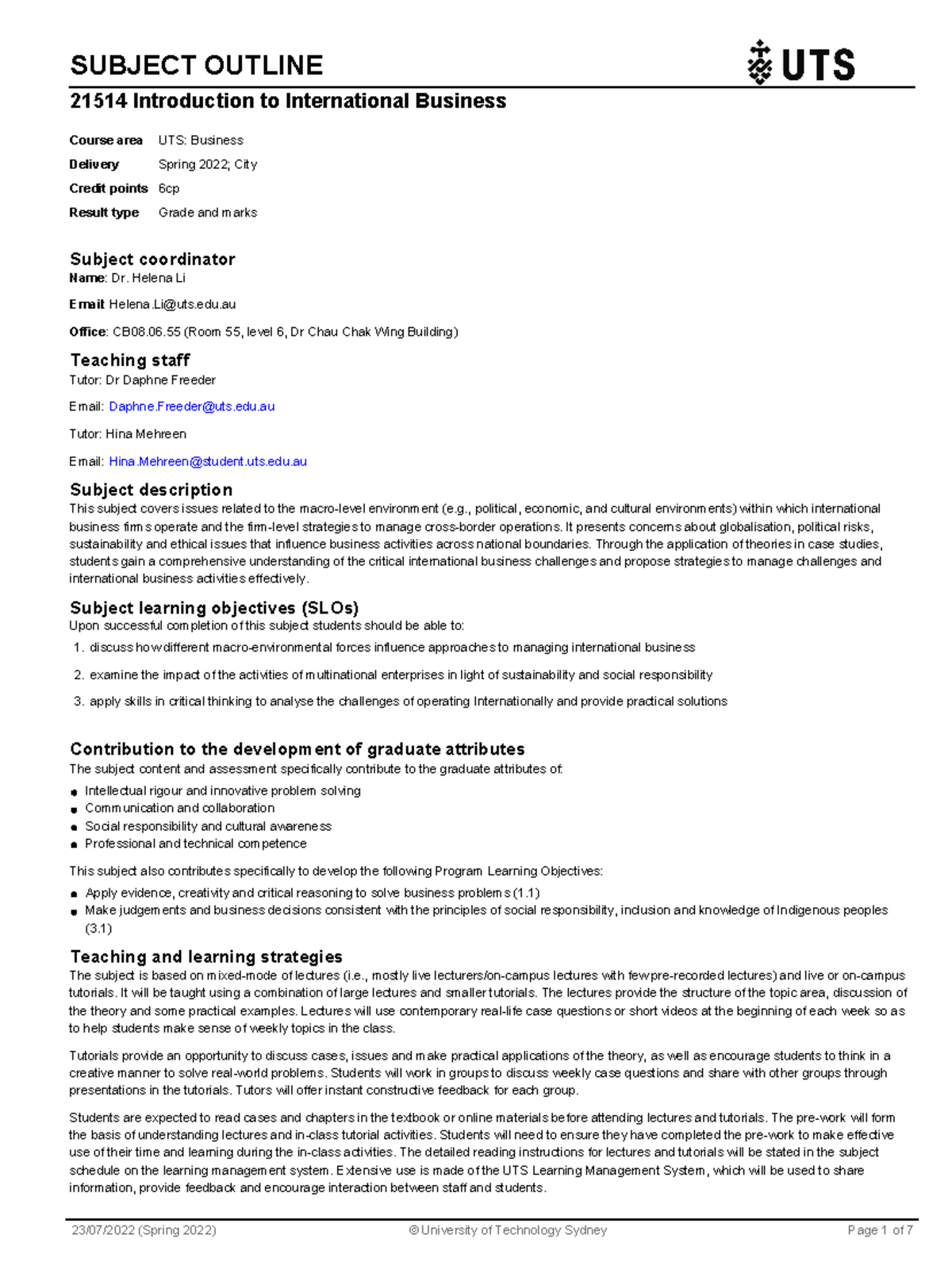 Introduction to International Business Subject outline - SUBJECT ...