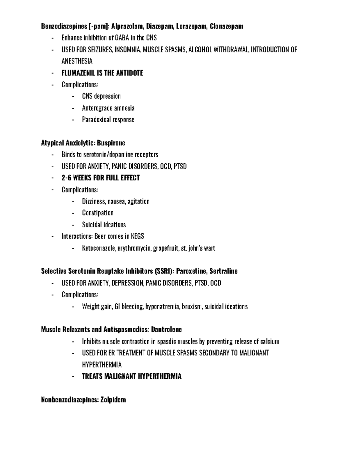 Pharm CNS Medications Summary - Benzodiazepines [-pam]: Alprazolam ...