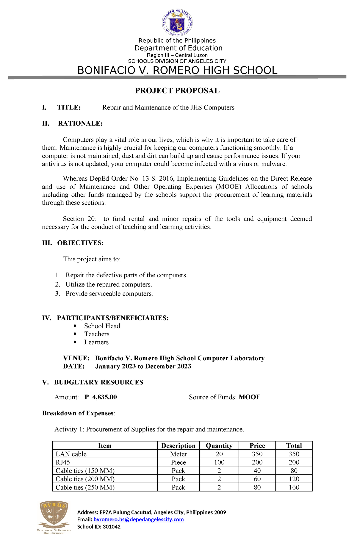 Project Repair and Maintenance of the JHS Computers 2023 - Address ...