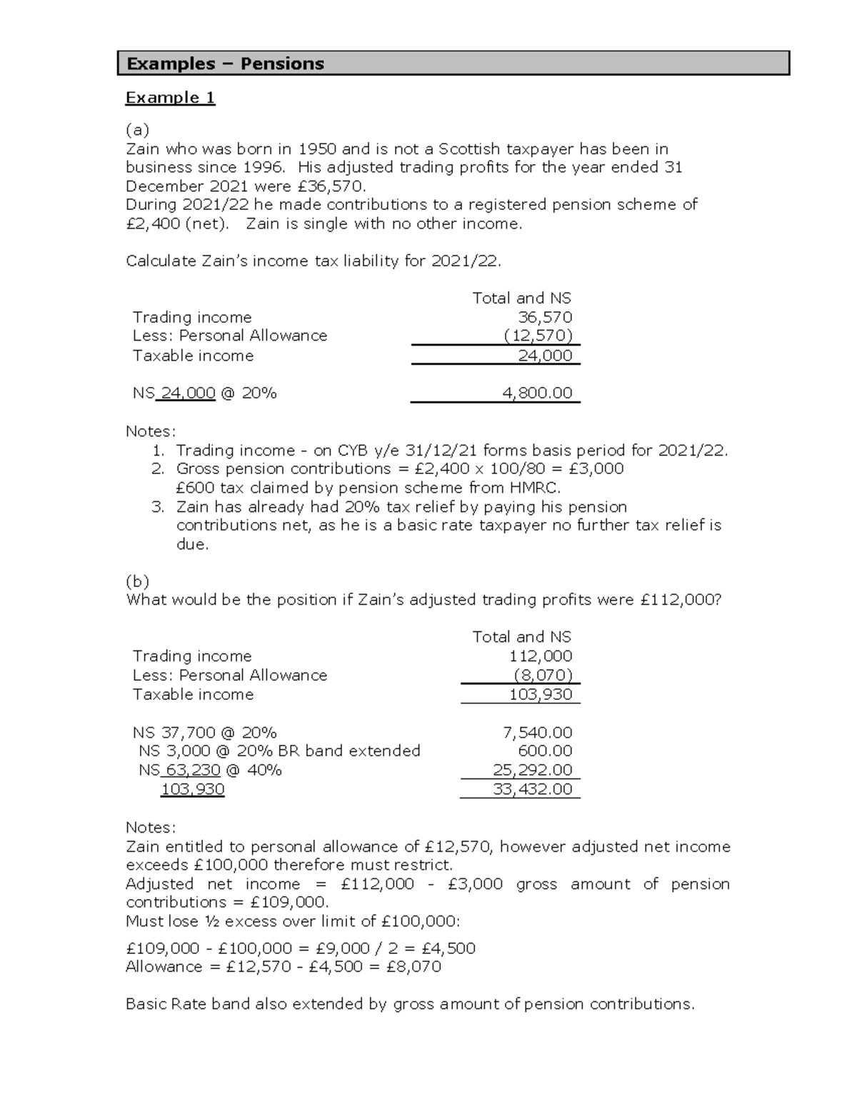 Examples Pensions Lecture notes 11 Examples Pensions Example 1 (a) Zain who was born in