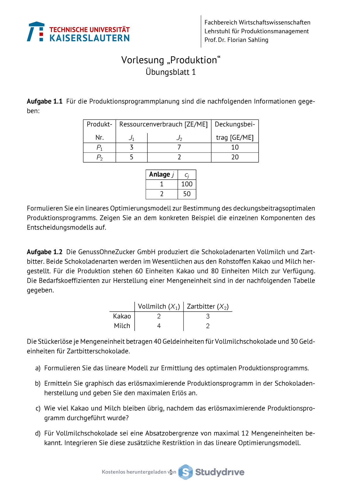 Übungsblatt 1 Mit Lösung - Fachbereich Wirtschaftswissenschaften ...