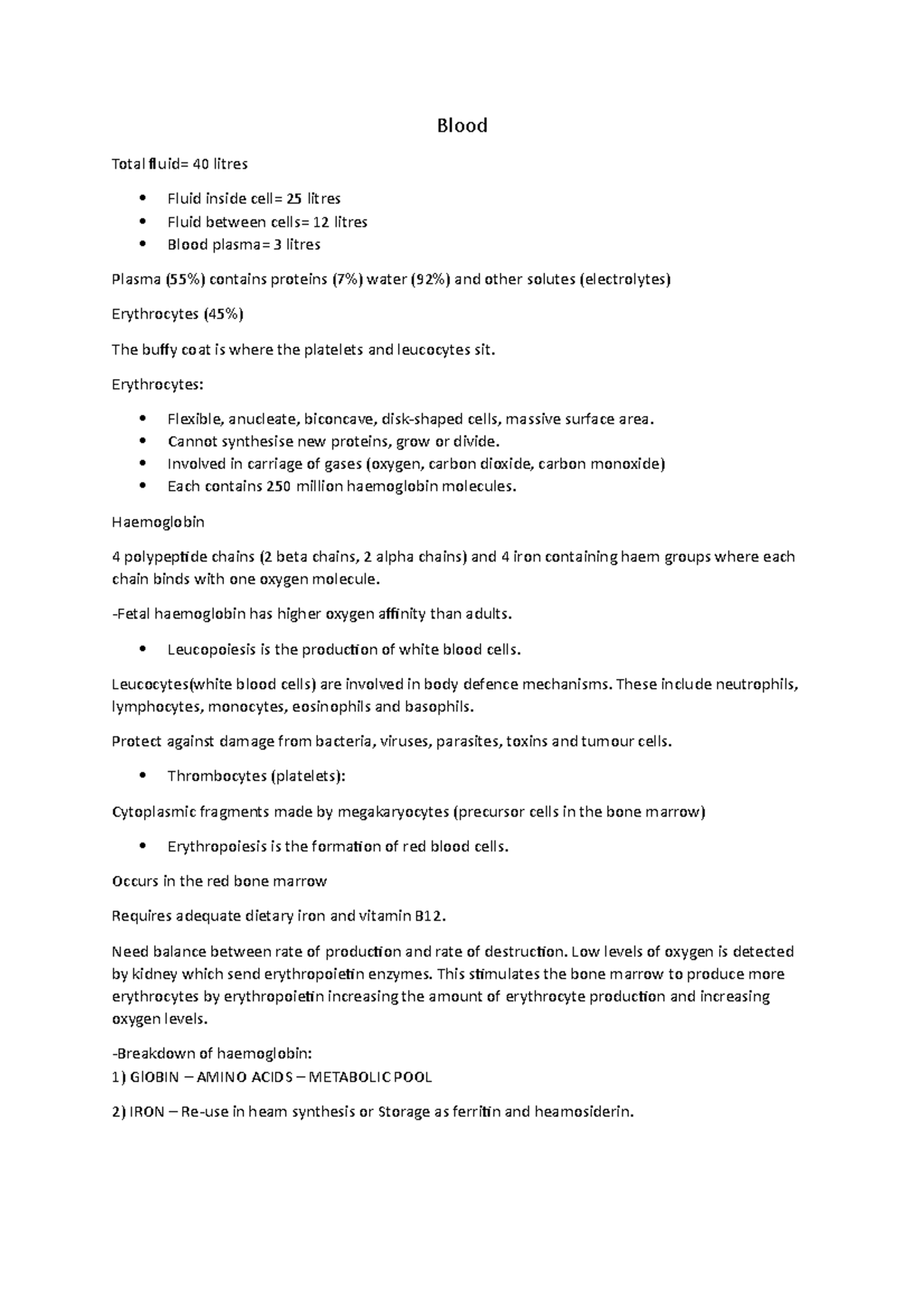 Blood notes - Blood Total fluid= 40 litres Fluid inside cell= 25 litres ...