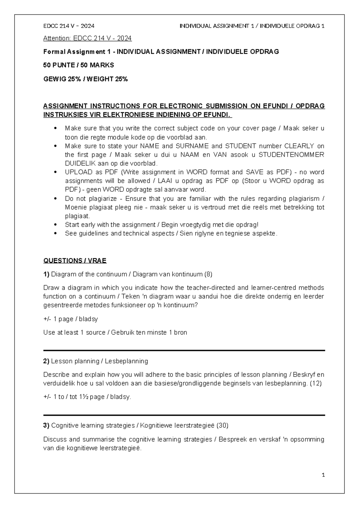 EDCC 214 Assignment 1 Eng Afr 2024 - EDCC 214 V – 2024 INDIVIDUAL ...