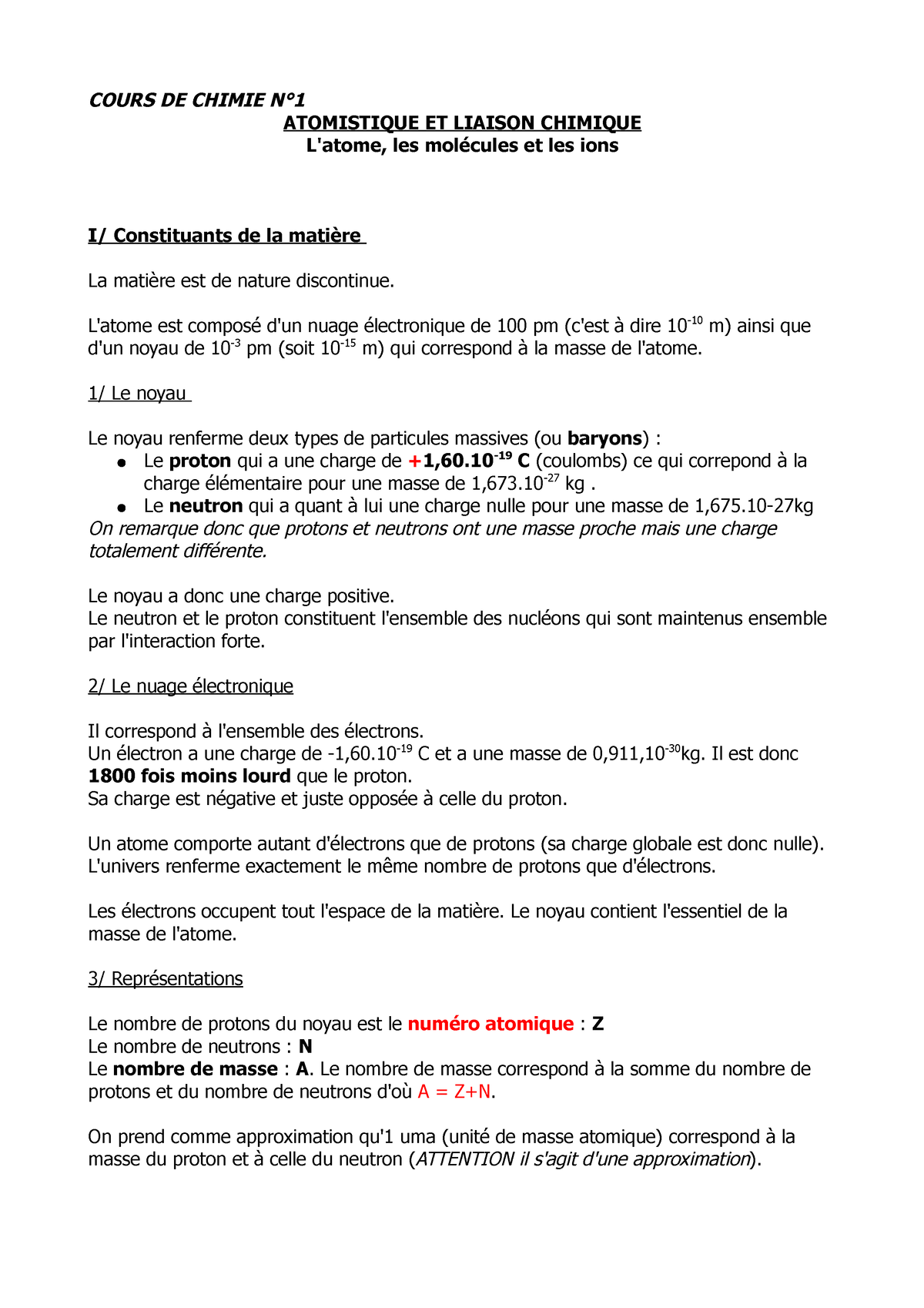 Atomistique Cours De Chimie N Atomistique Et Liaison Chimique L