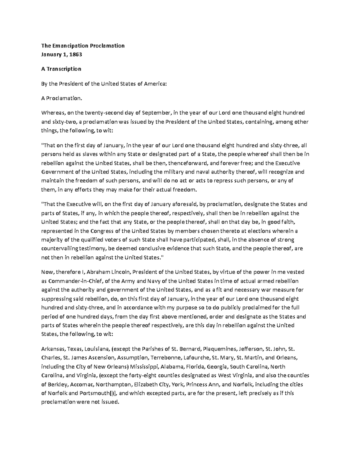 Emancipation Proclamation - The Emancipation Proclamation January 1 ...