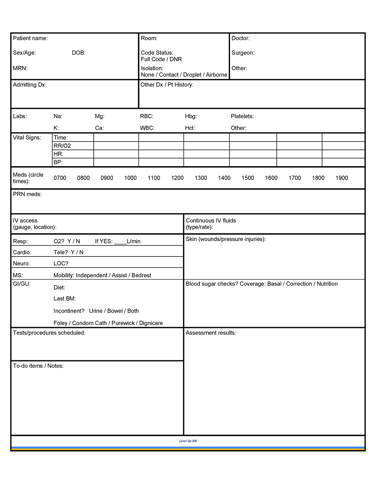 Nurse Report Sheet - No additional info - Patient name: Room: Doctor ...