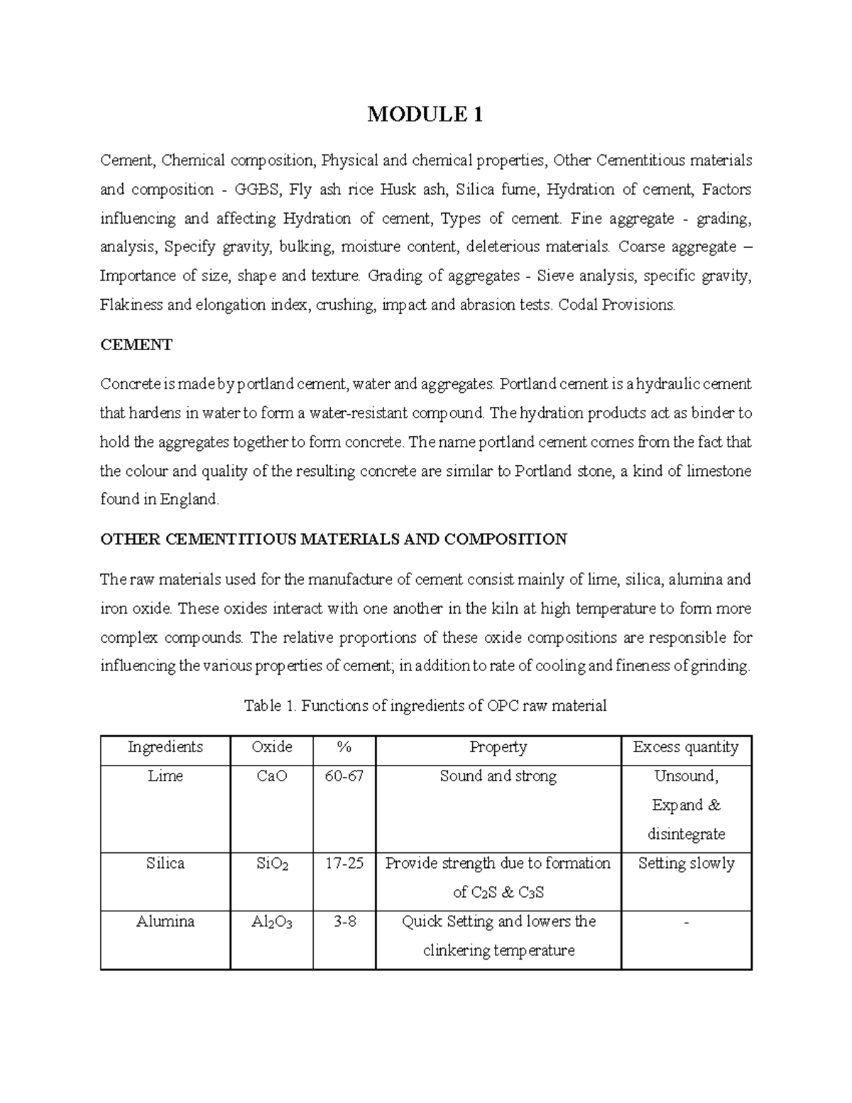 Module 1 - MODULE 1 Cement, Chemical composition, Physical and chemical ...