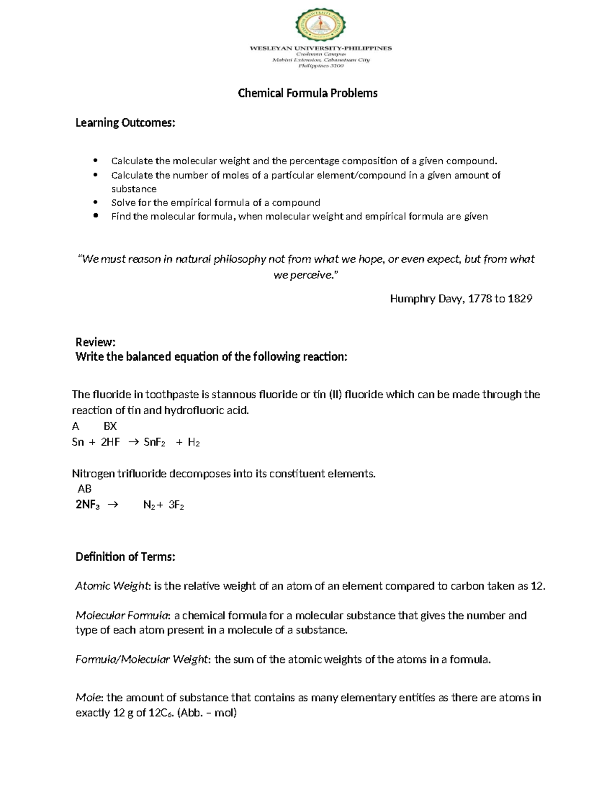 WEEK+6-Chemical+Formula+ Problems+%2C+EF%2C+MF%2C+ Percentage+COMP%2C ...