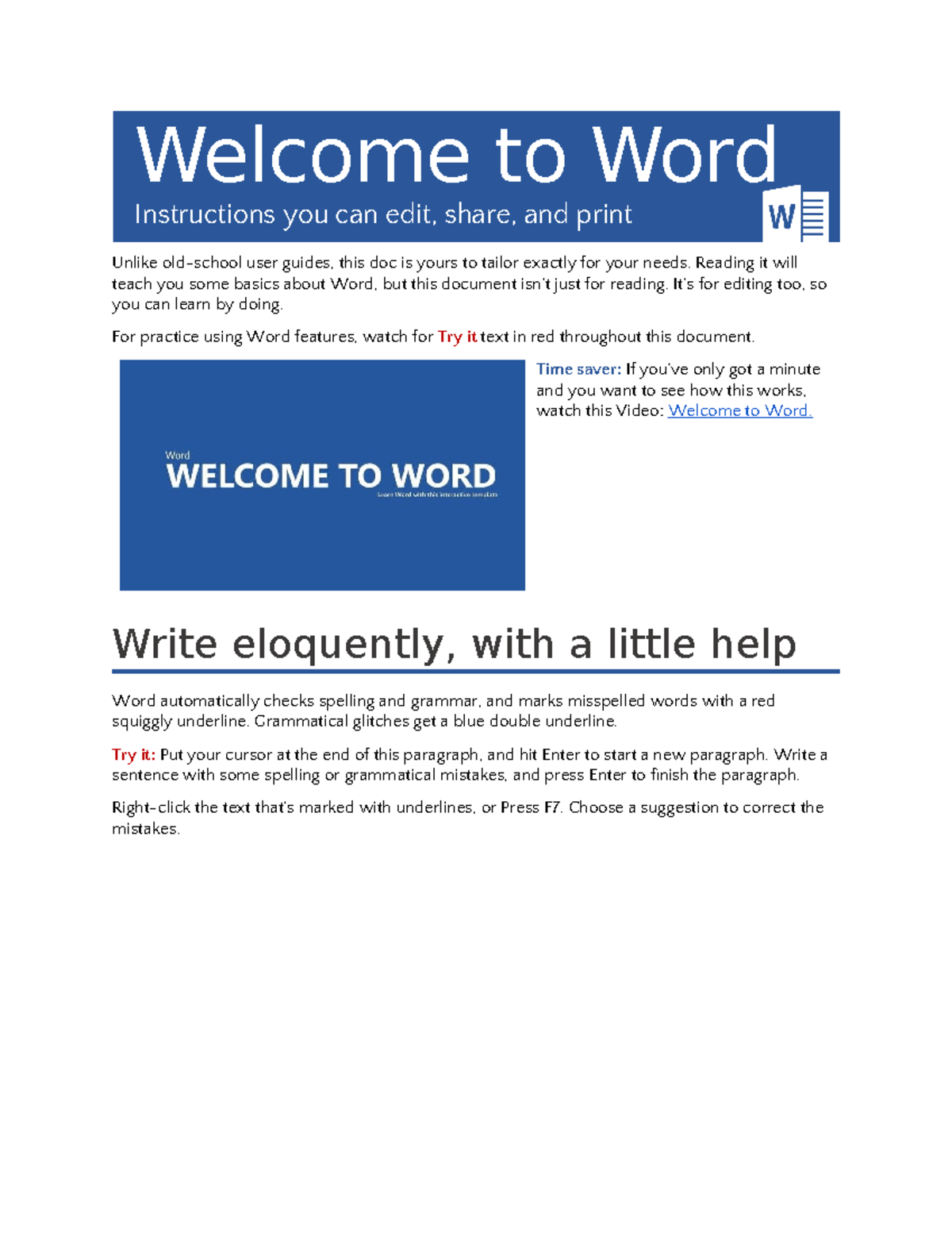 Welcome to Word - Microsoft Word - Welcome to Word Instructions you can ...