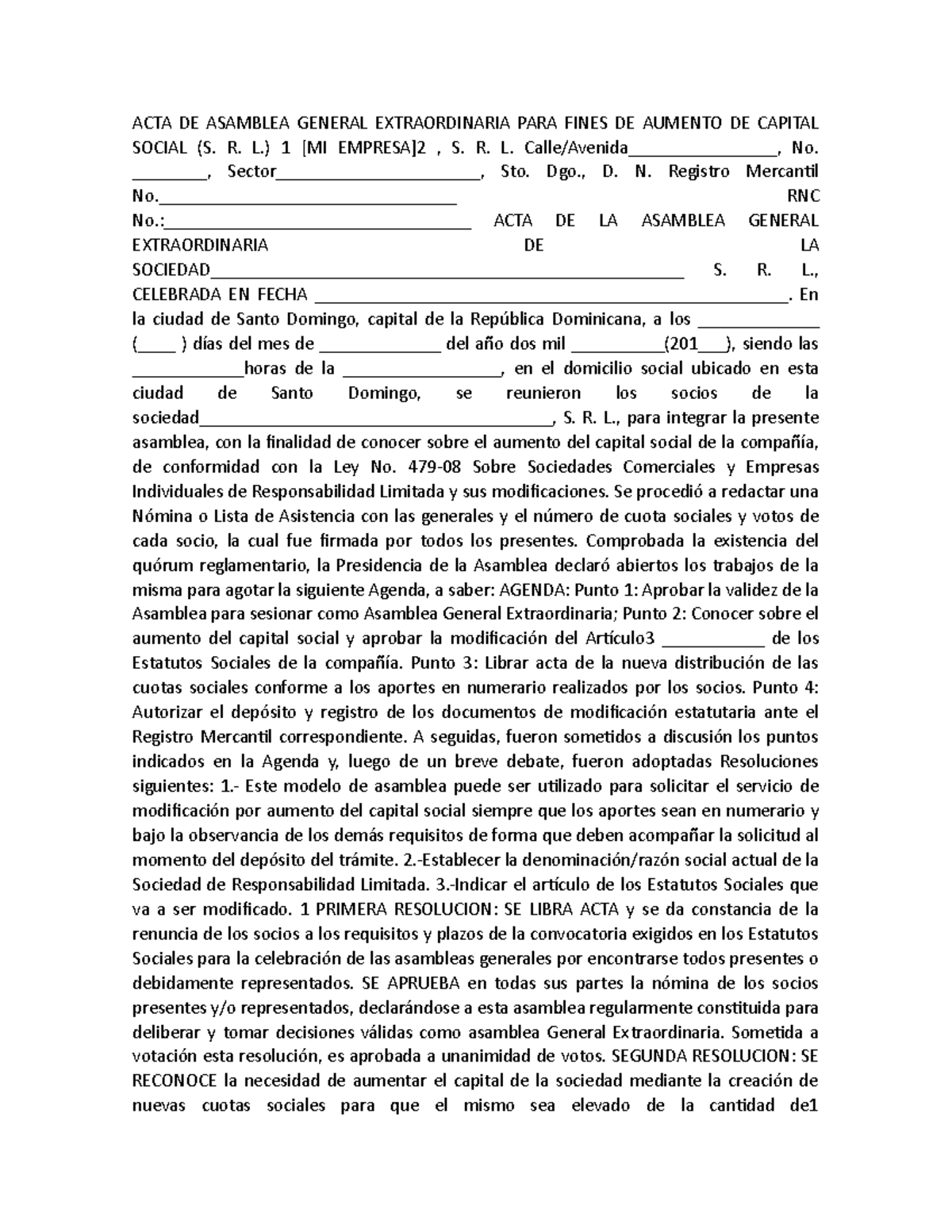 ACTA DE Asamblea General Extraordinaria PARA Fines DE Aumento DE Capital  Social - ACTA DE ASAMBLEA - Studocu