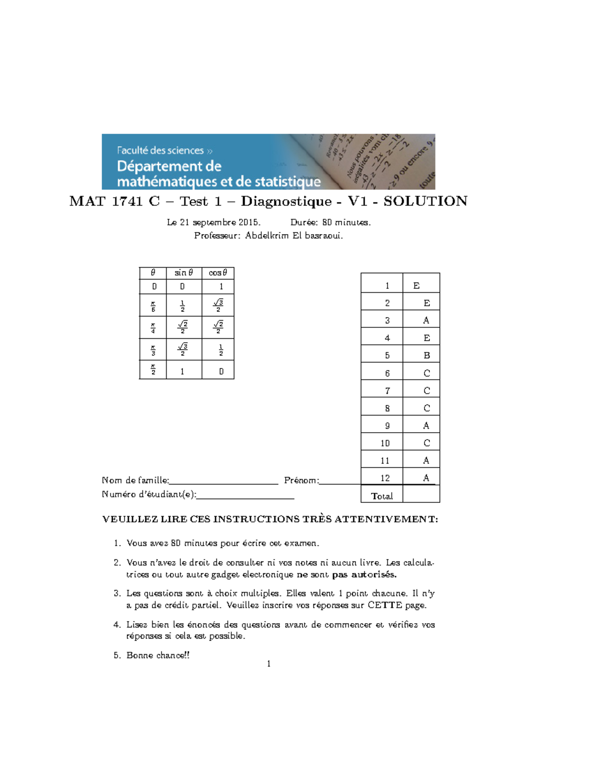 1741(F15)diag-test1 - Test Diagnostique - MAT 1741 C – Test 1 ...