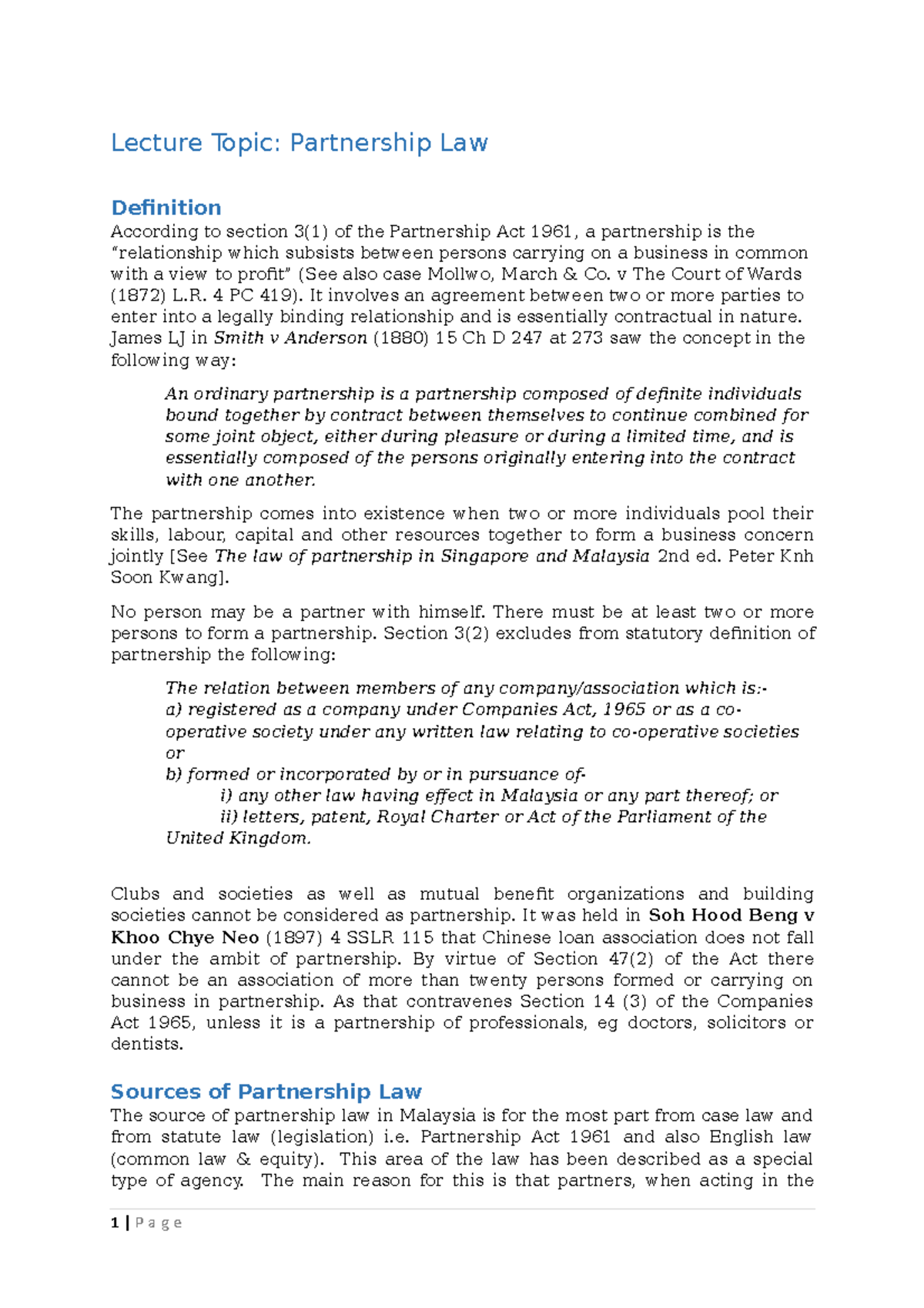 Partnership Law in Malaysia - Lecture Topic: Partnership Law 