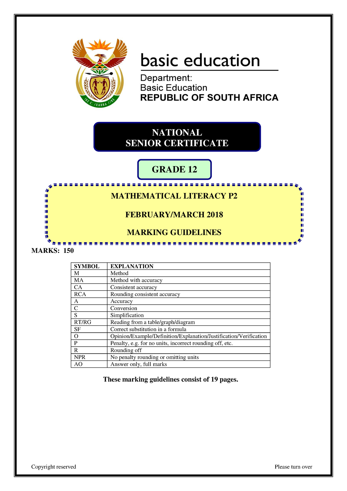 Mathematical Literacy P2 Feb-March 2018 Memo Eng - MARKS: 150 SYMBOL ...