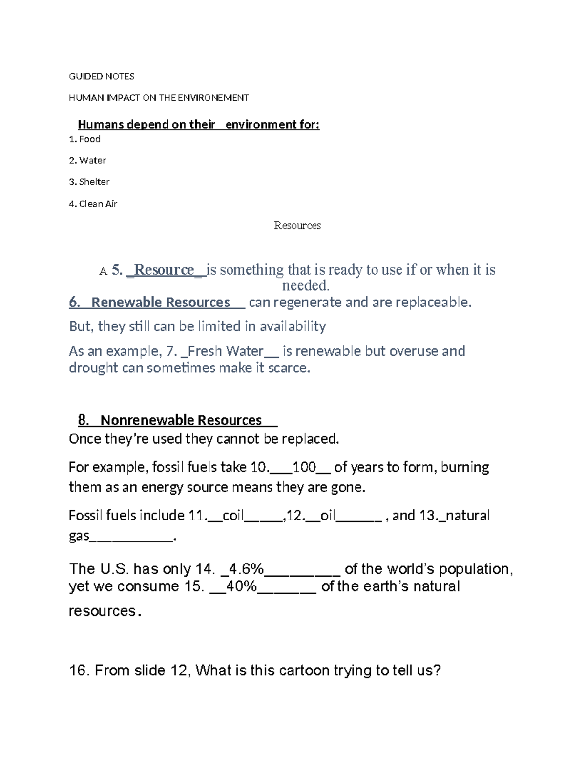 Human Impact Guided Notes - GUIDED NOTES HUMAN IMPACT ON THE ...