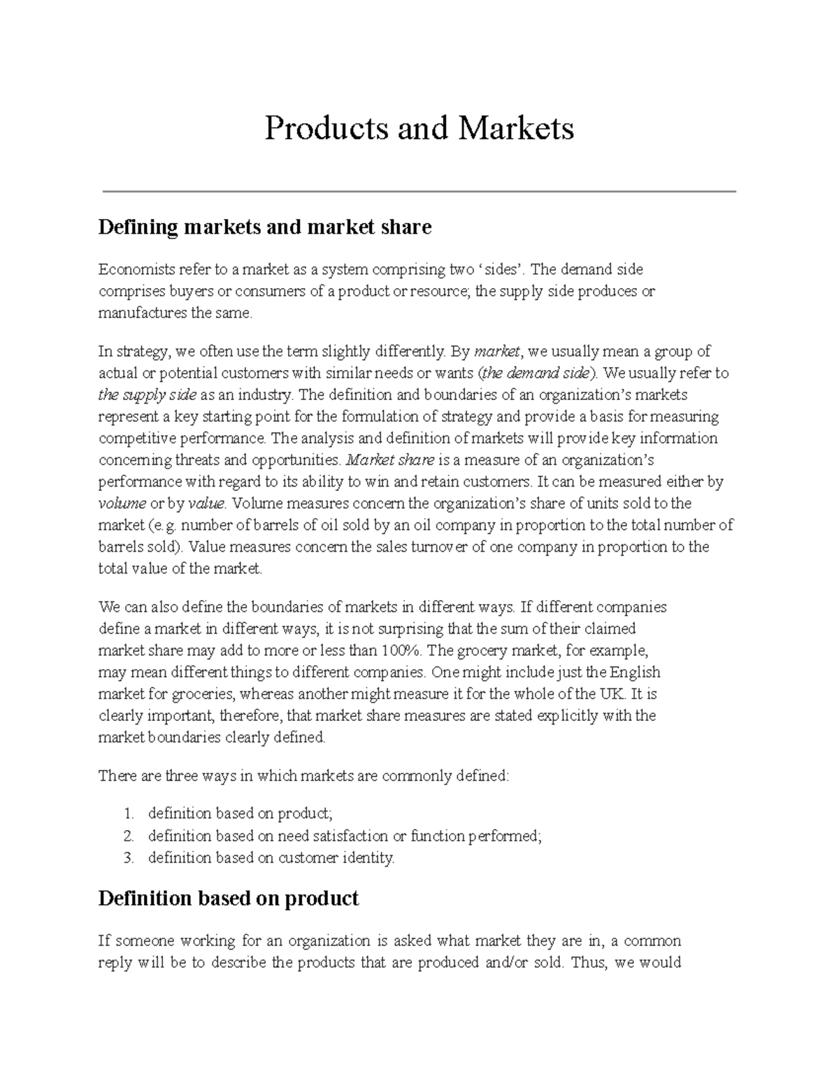 Products and Markets - Products and Markets Defining markets and market ...