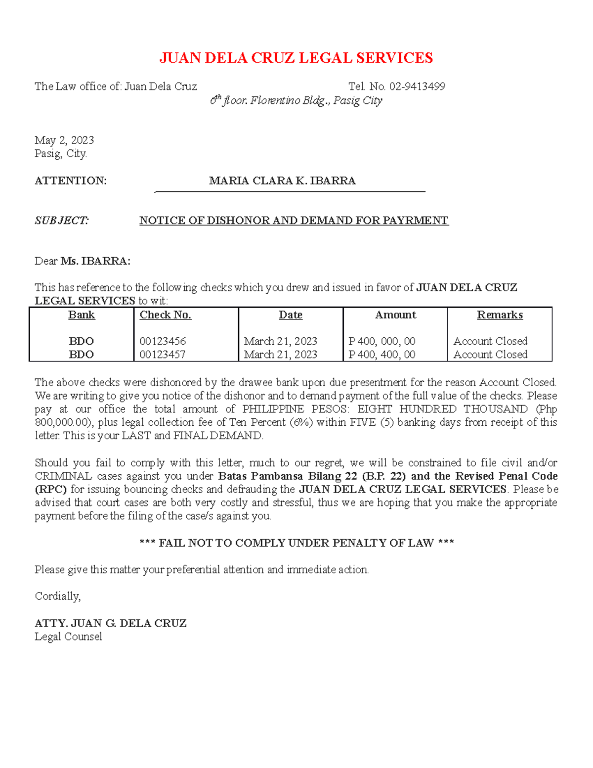 JUAN DELA CRUZ Legal Services JUAN DELA CRUZ LEGAL SERVICES The Law