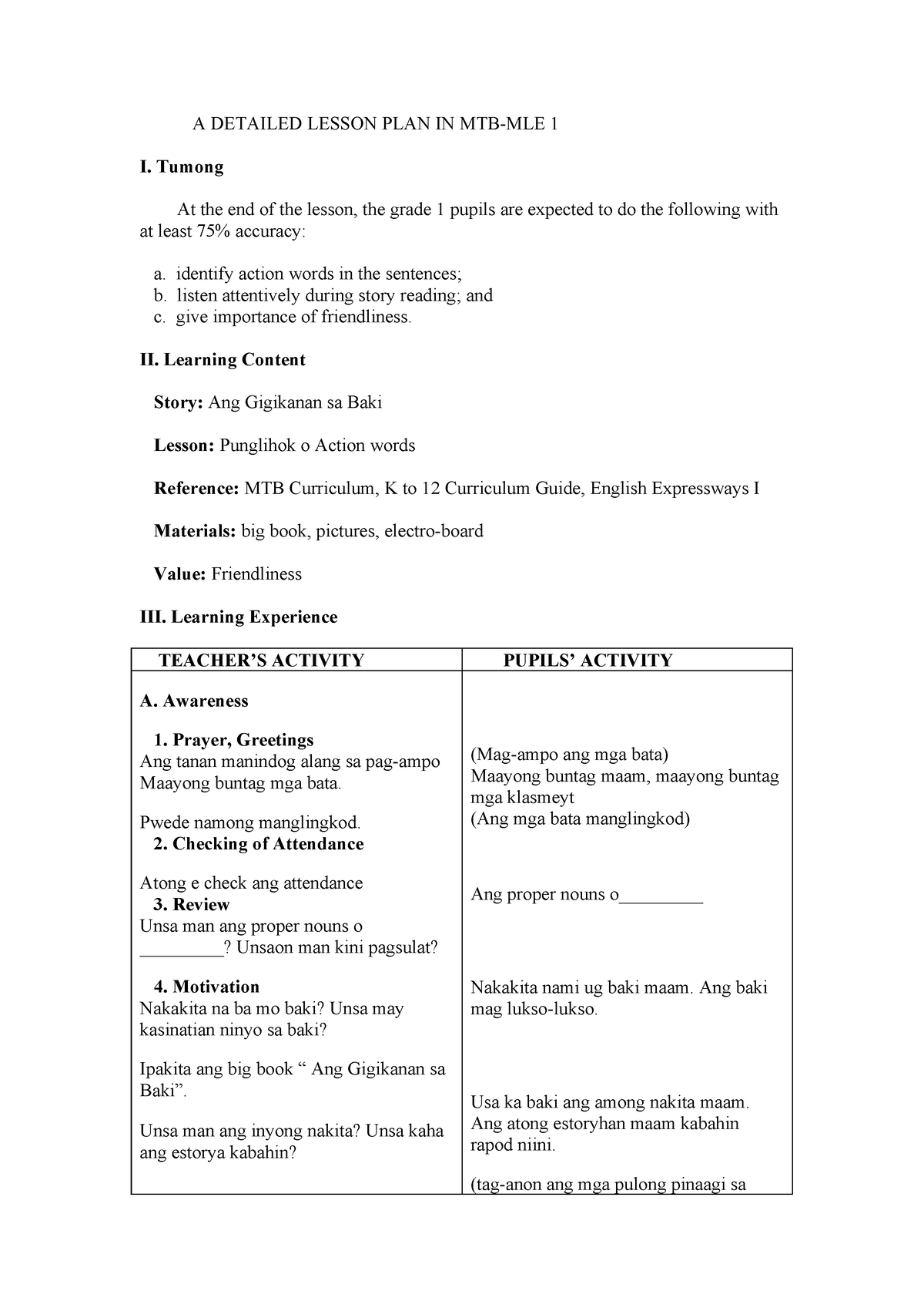 A Detailed Lesson Plan In Mtb 1 A Detailed Lesson Plan In Mtb Mle 1 I Tumong At The End Of 3035