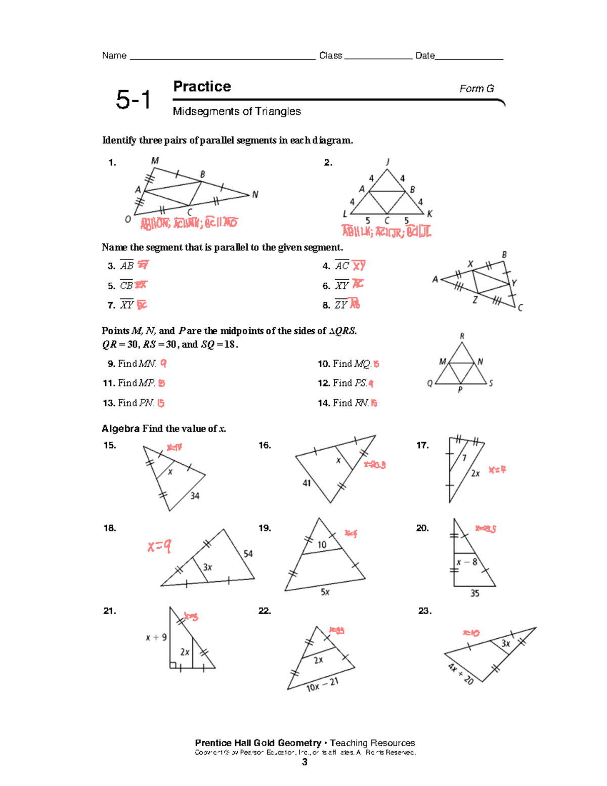 Download 2695431 - Geometry - Name Class Date 5- Practice Form G Identify three pairs of ...
