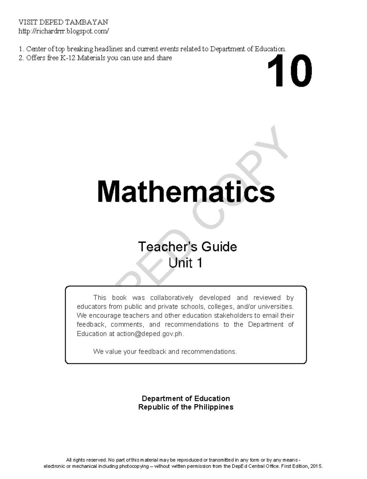 Math10 TG U1MMMMM - DEPED COPY 10 Mathematics Department of Education ...