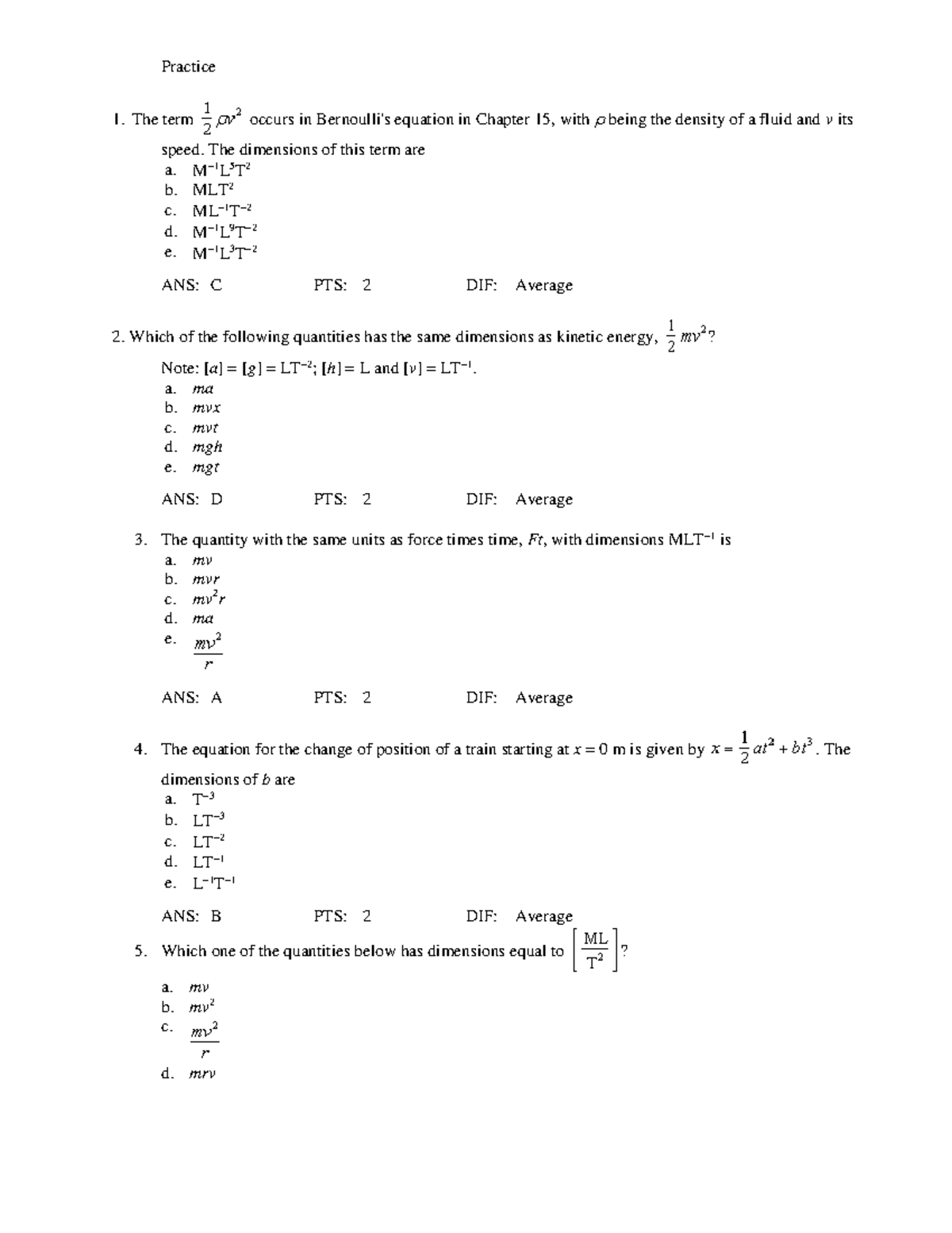 Tutorial work - Practice on unit and dimensions - Practice 1. The term ...