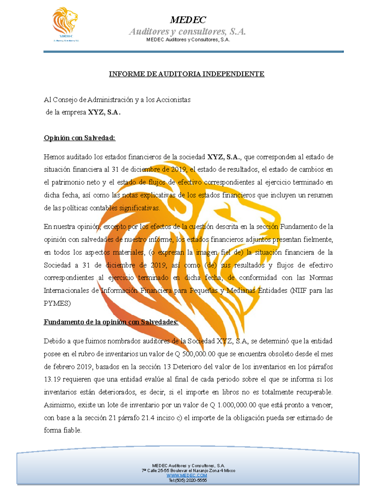 Informe NIA 710 Primera Auditoría - Auditores y consultores, S. MEDEC ...