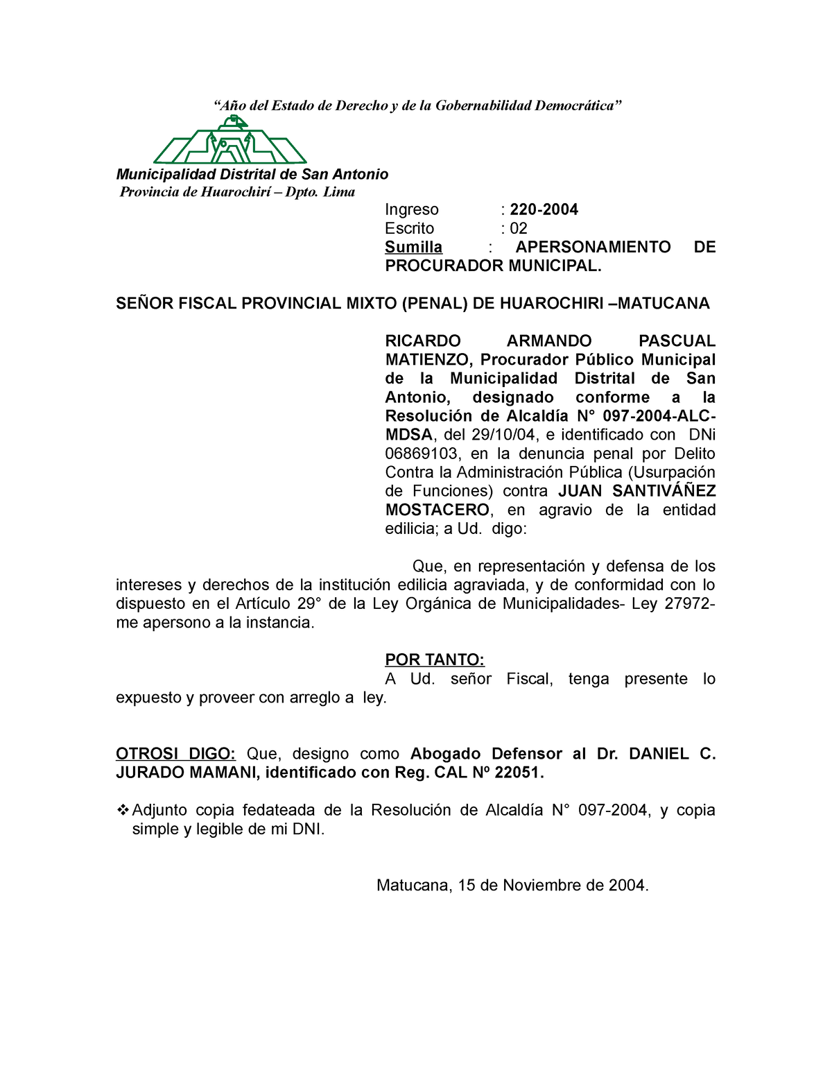 Apersonamiento-Procurador-Municipal - Municipalidad Distrital de San  Antonio Provincia de Huarochirí - Studocu