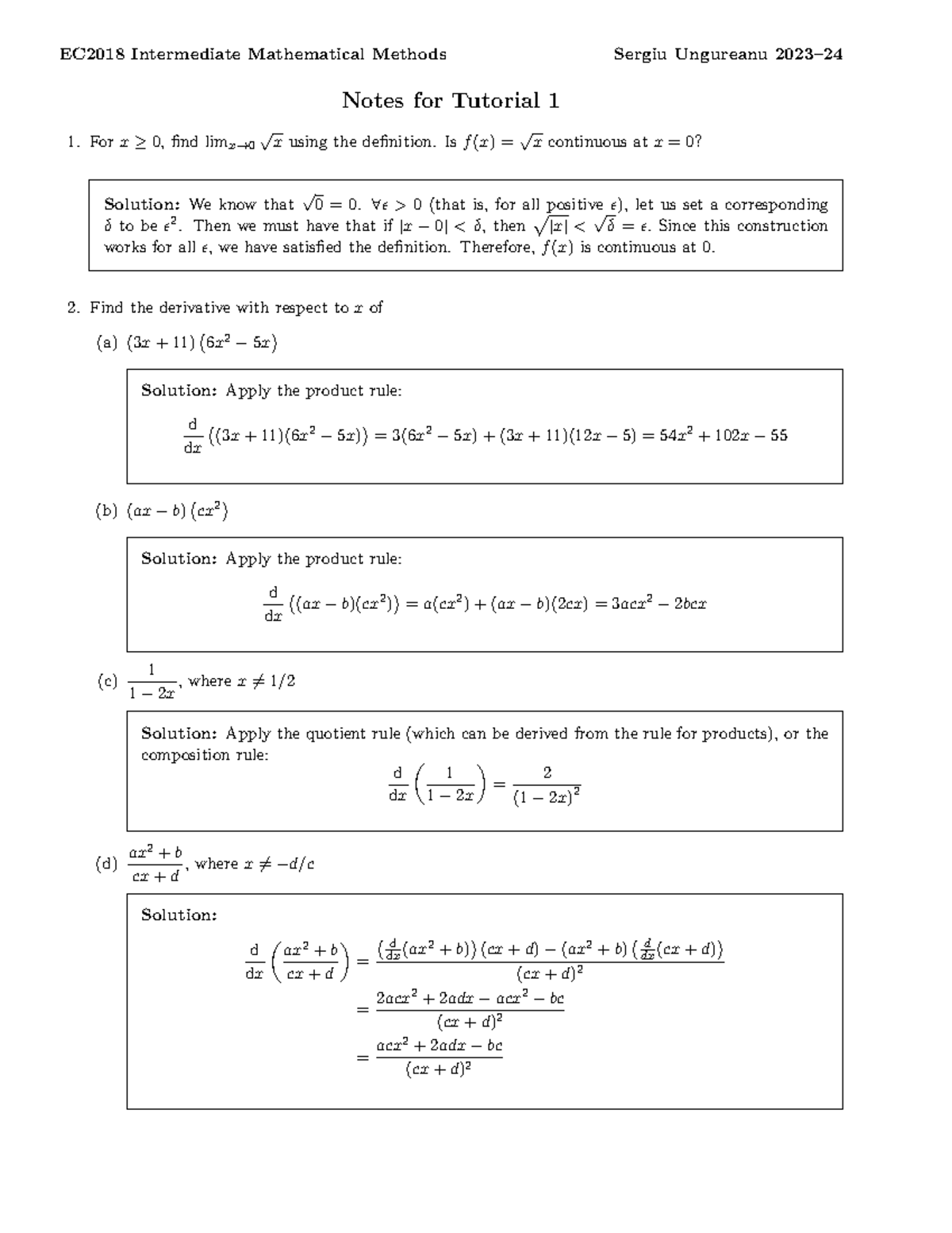 Tutorial 1 notes EC2018 - EC2018 Intermediate Mathematical Methods ...