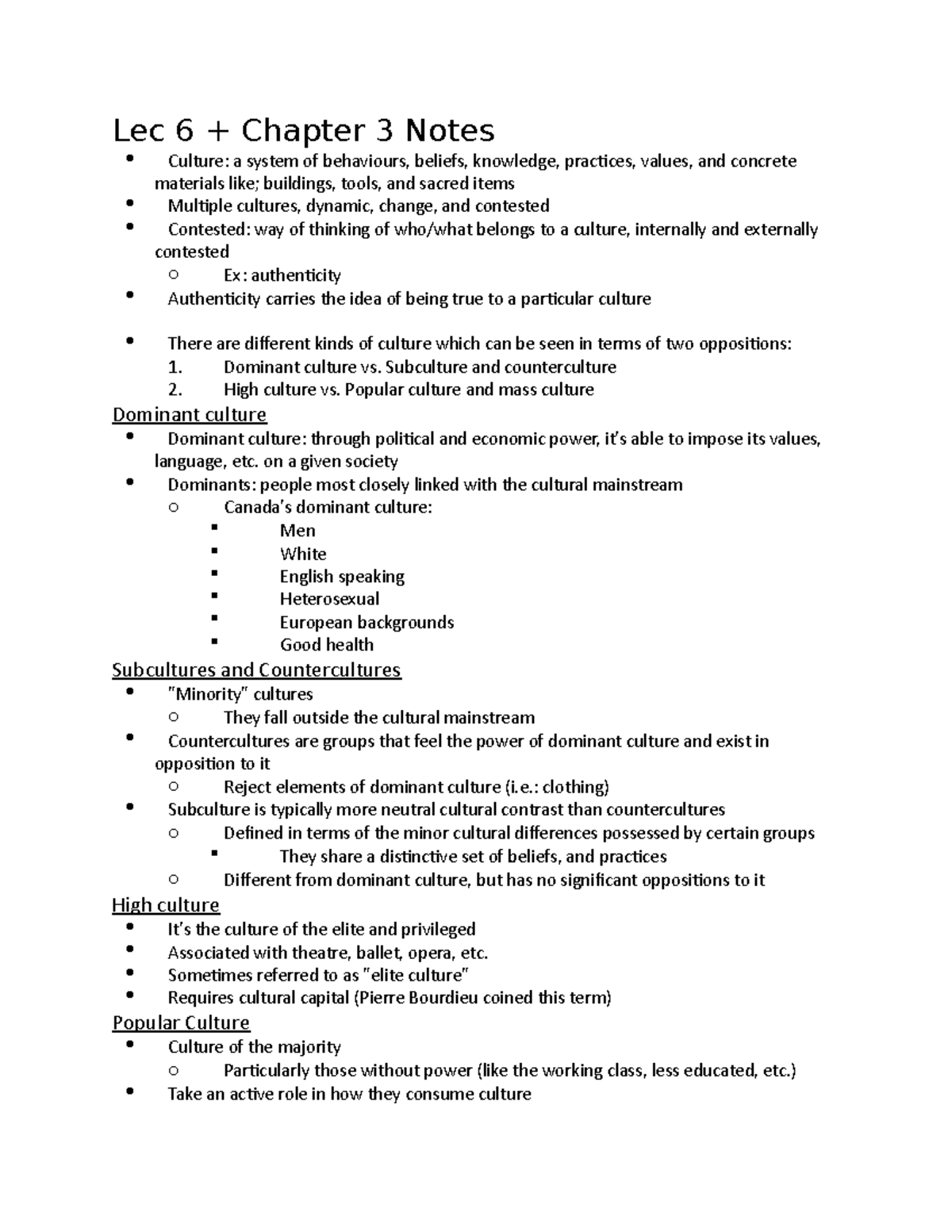 Chapter 3 and 4 notes SOCI1015 - Lec 6 + Chapter 3 Notes Culture: a ...