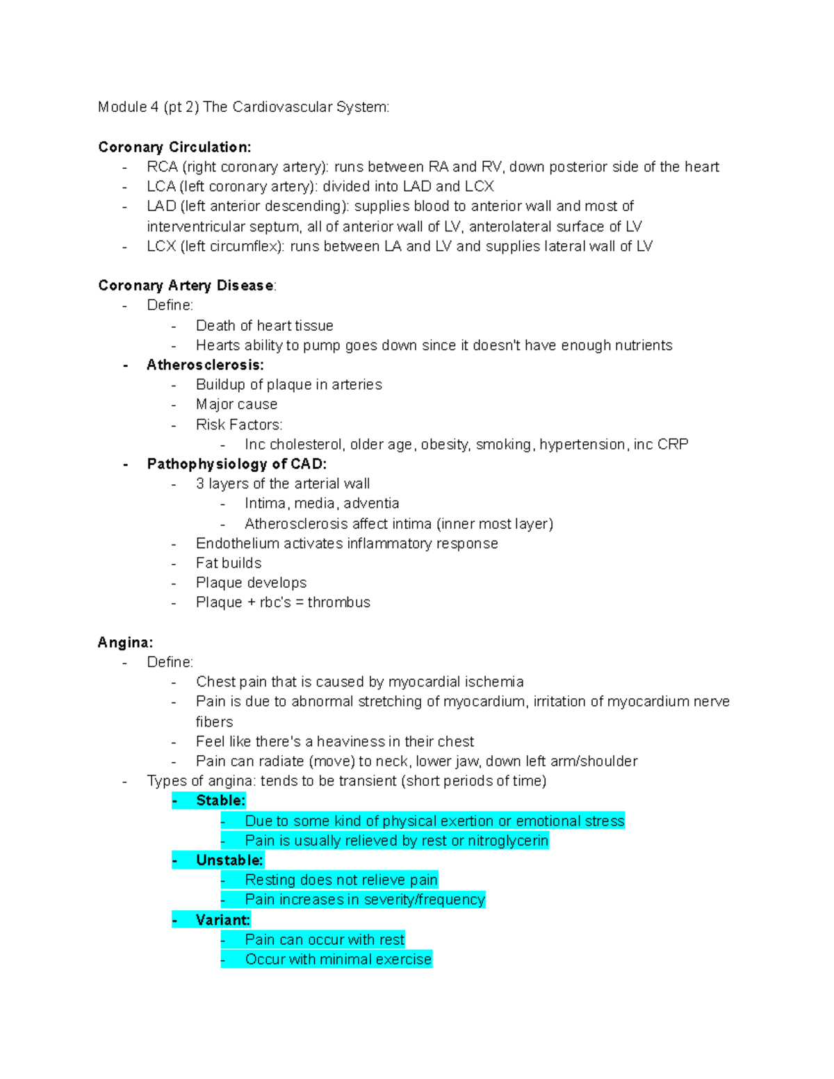 Pharmacology Notes Module 4 Pt 2 - Module 4 (pt 2) The Cardiovascular ...