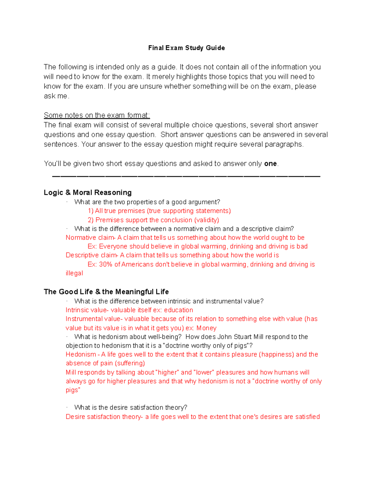 PHL study guide - Final Exam Study Guide The following is intended only ...